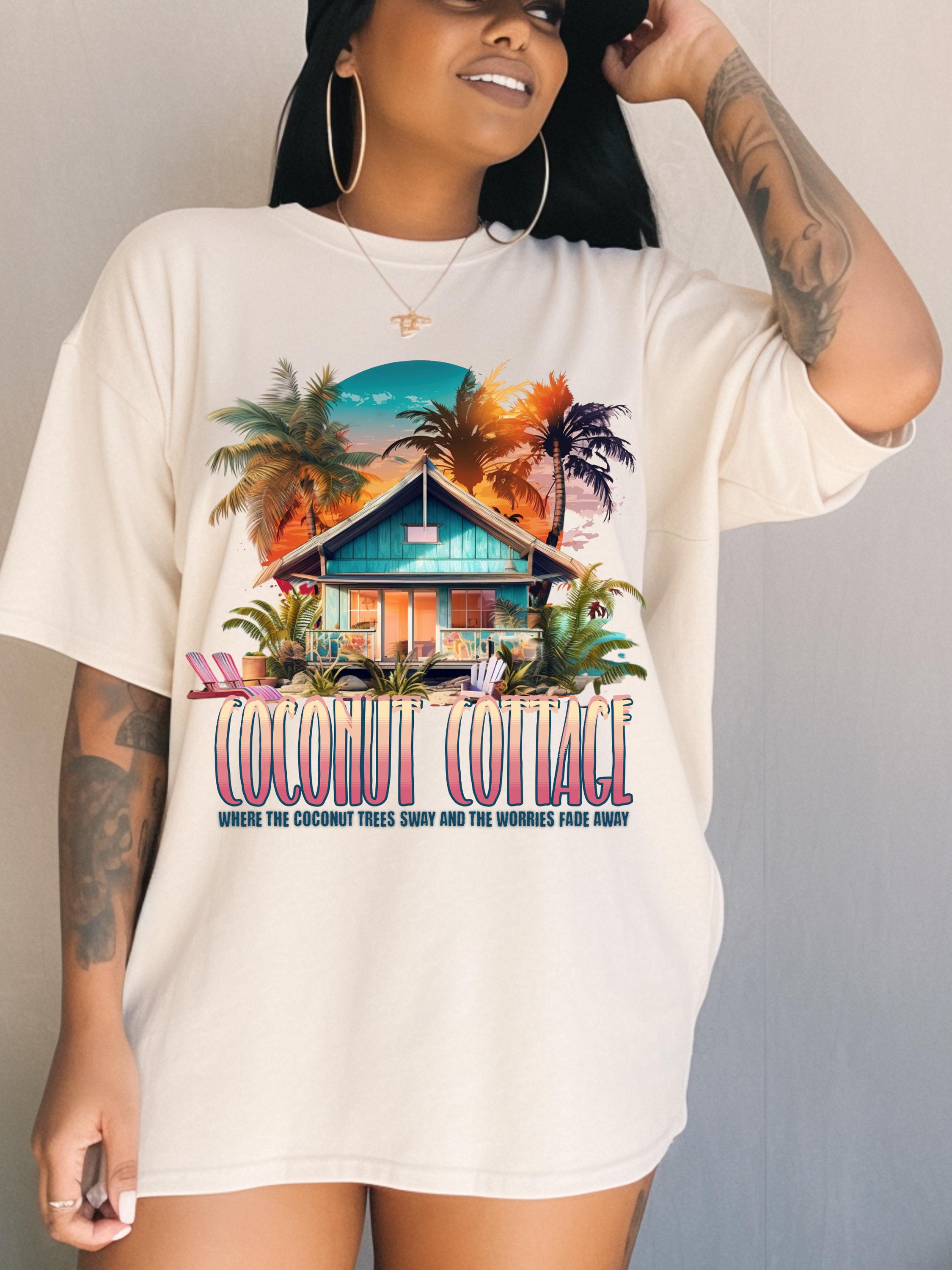 Personalisierbares Beach Bum Shirt, Coconut Cottage Sommer T-Shirt - Geschenk für Sie, Familienurlaub, Besties T-Shirt, Unisex Kleidungsstück gefärbt