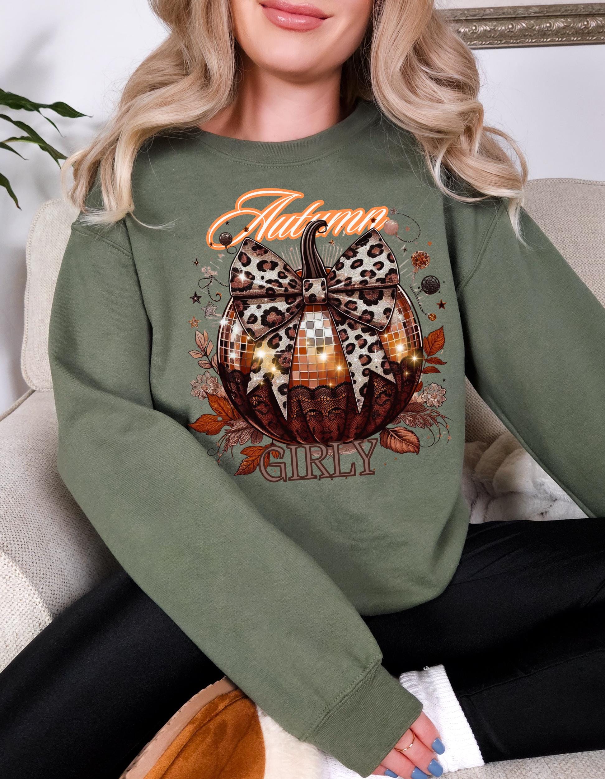 Thanksgiving Autumn Girly Disco Pumpkin Leopard Print Bow Coquette Sweatshirt, Fall Holiday Pullover Jumper, Gift for Her, Funny Halloween