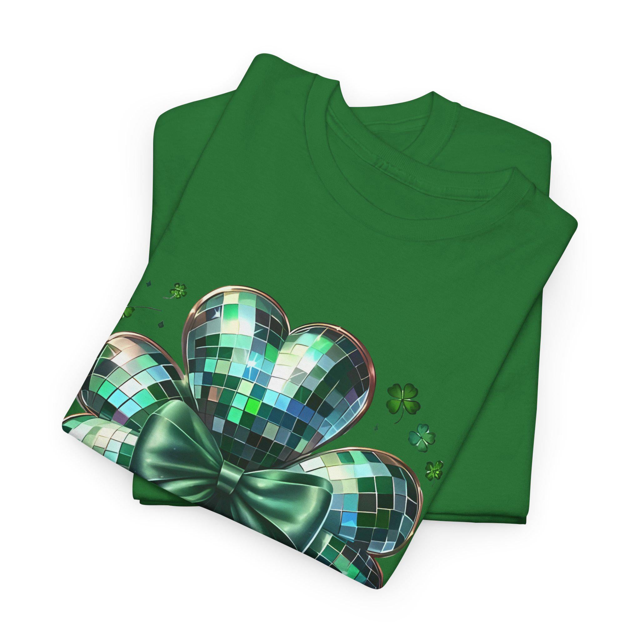 Disco Ball Clover Unisex Heavy Cotton Tee, St Patricks Day Shirt, Green Festival Top, Dance Party Apparel, Lucky Charm T-Shirt