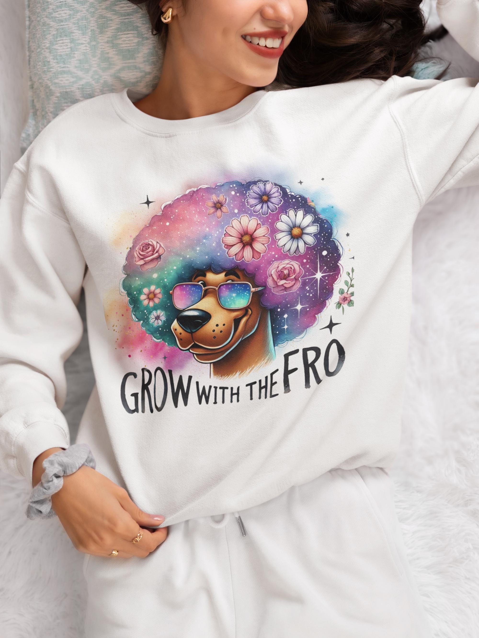 Schwarzes Haar-Wertschätzungs-Unisex-Sweatshirt, Grow with the Fro, Great Dane Hippie Hundeshirt, Gemütlicher Pullover, Crewneck-Pullover, Winterkleidung