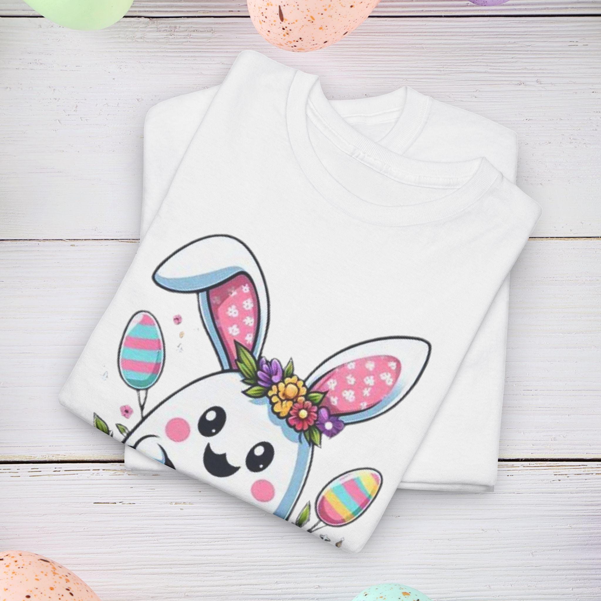 Easter Bunny Unisex Heavy Cotton Tee, Cute Spring Shirt, Easter Gift, Floral Tee, Holiday Apparel, Animal Lover Top, Spring Celebration Wear