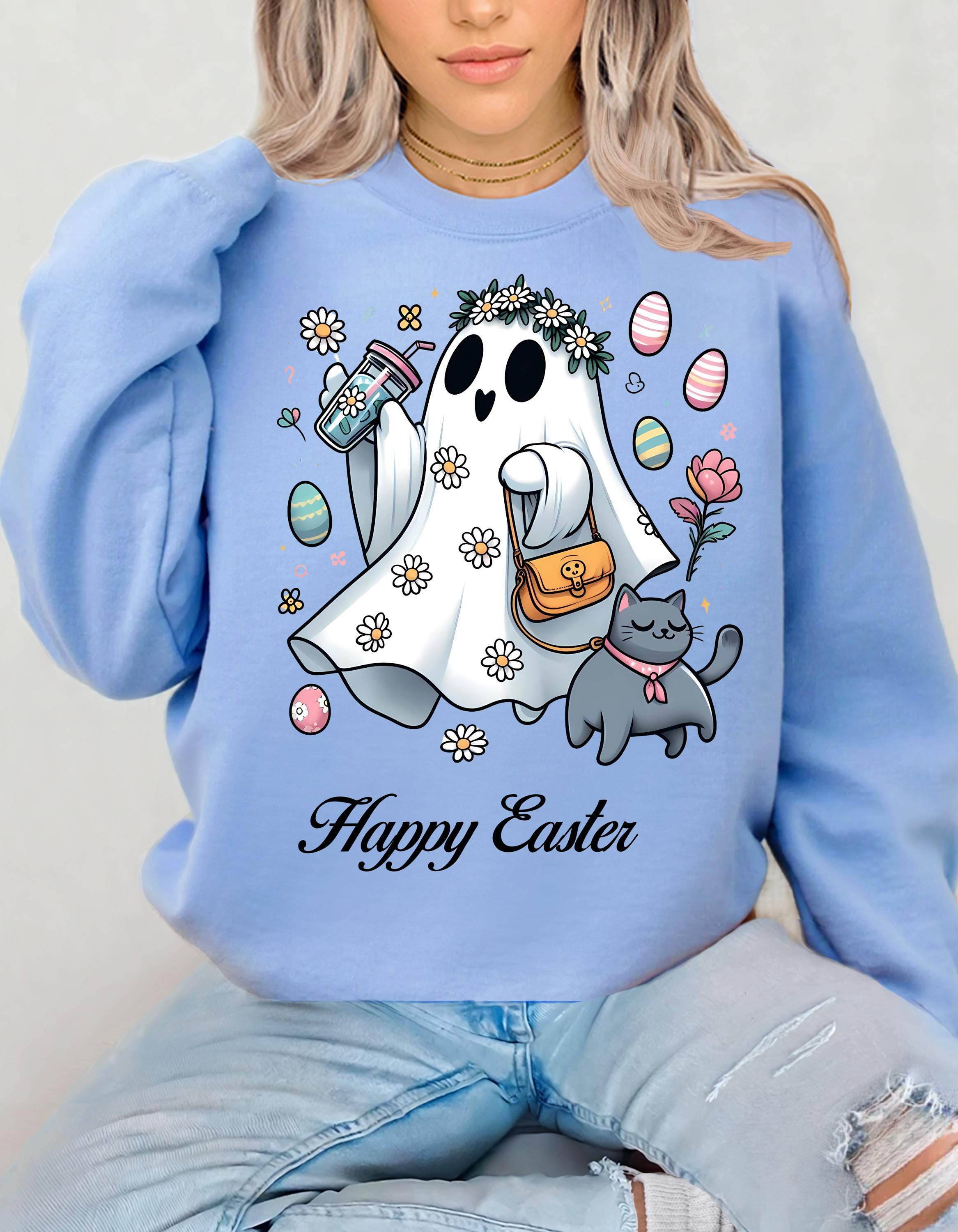 Easter Ghost & Cat Sweatshirt - Perfect Spring Gift, Cozy Crewneck for Cat Lovers, Unisex Sweatshirt, Holiday Apparel, Cute Casual Wear