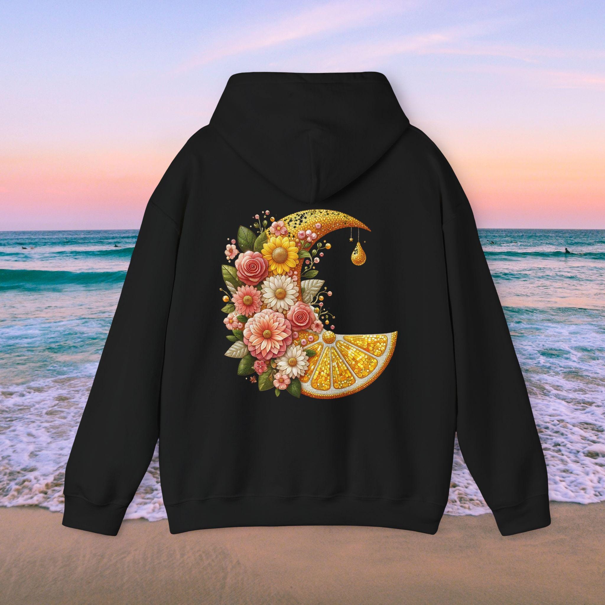 Frucht Hoodie, Lemon Moon Sweatshirt, Gärtnerfreude, Einzigartiges Geschenk für Sie, Florales Obstmuster, Coquette Style, Paillettenkunst, Roségold