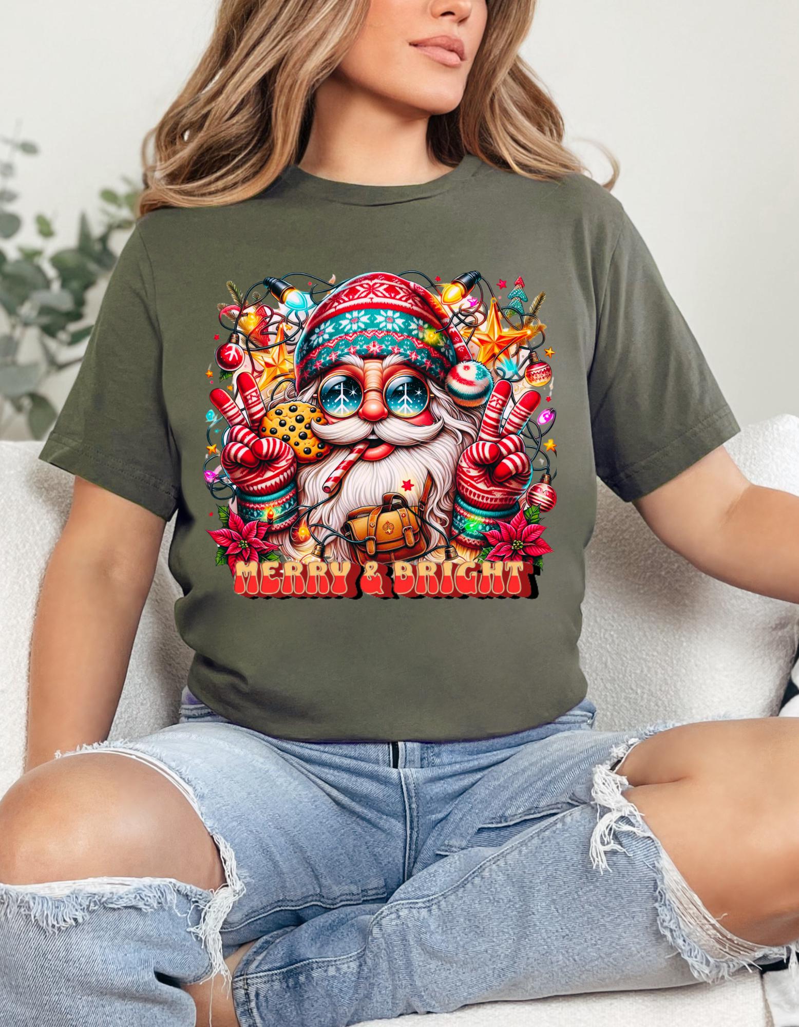 Personalizable Merry and Bright Santa Hippy tshirt - Festive Holiday Apparel