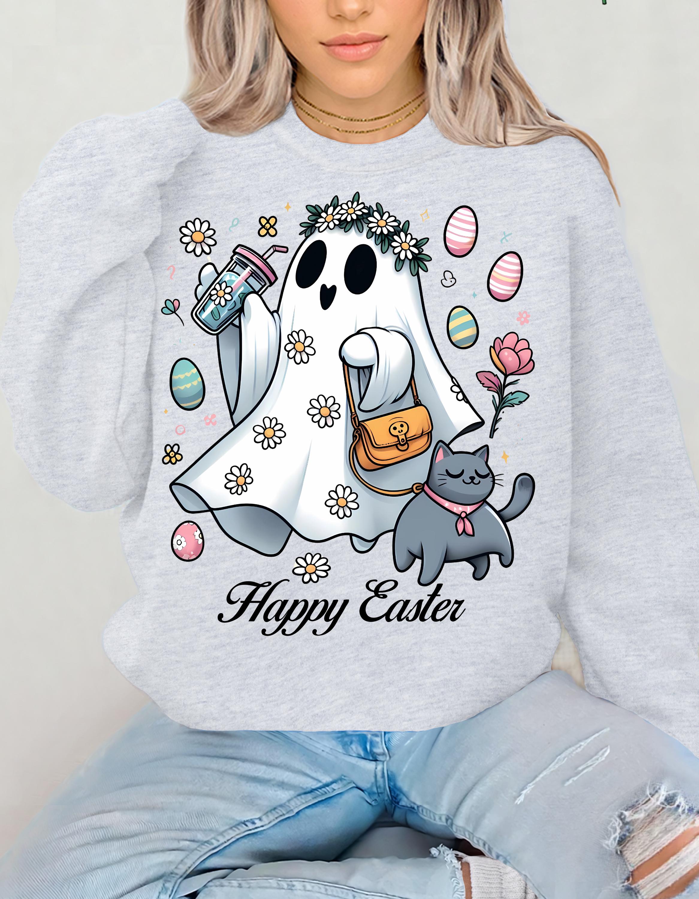 Easter Ghost & Cat Sweatshirt - Perfect Spring Gift, Cozy Crewneck for Cat Lovers, Unisex Sweatshirt, Holiday Apparel, Cute Casual Wear