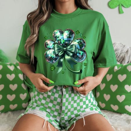 Disco Ball Clover Unisex Heavy Cotton Tee, St Patricks Day Shirt, Green Festival Top, Dance Party Apparel, Lucky Charm T-Shirt