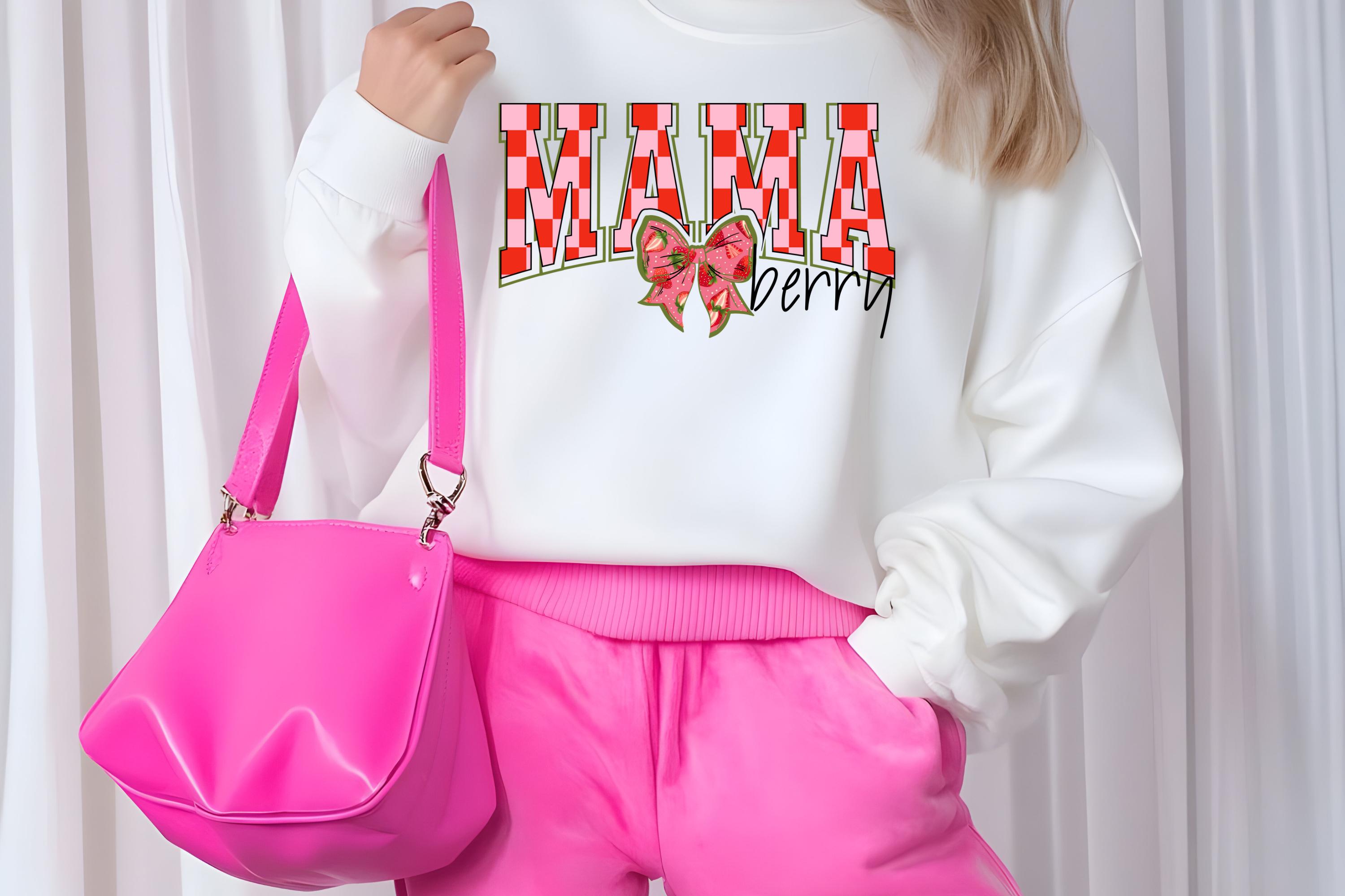 Mama Berry Sweatshirt, Mama Collage Font, Pink Checkered Print, Strawberry, Unisex Crewneck, Gift for Mom, Mother's Day Sweatshirt, Mom Life