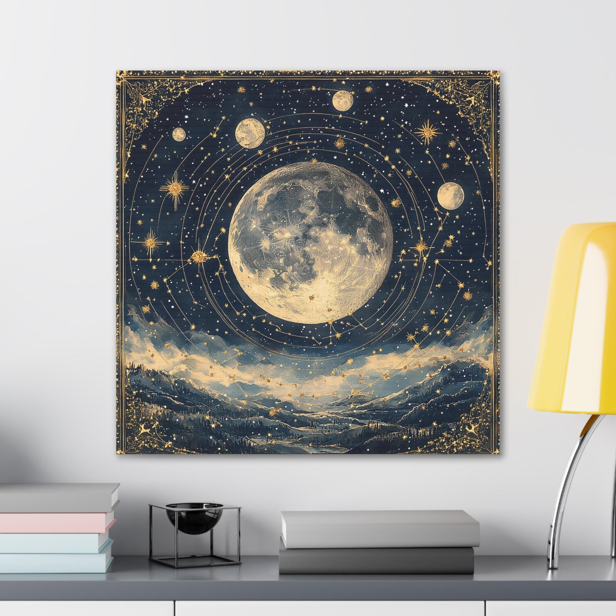 Himmlischer Mond Leinwand, Hexen Astrologie Geschenk Wandkunst, Himmlischer Mond Dekor, Boho Home Dekor, Himmlischer Mond Druck, Himmlischer Mond Kunstdruck