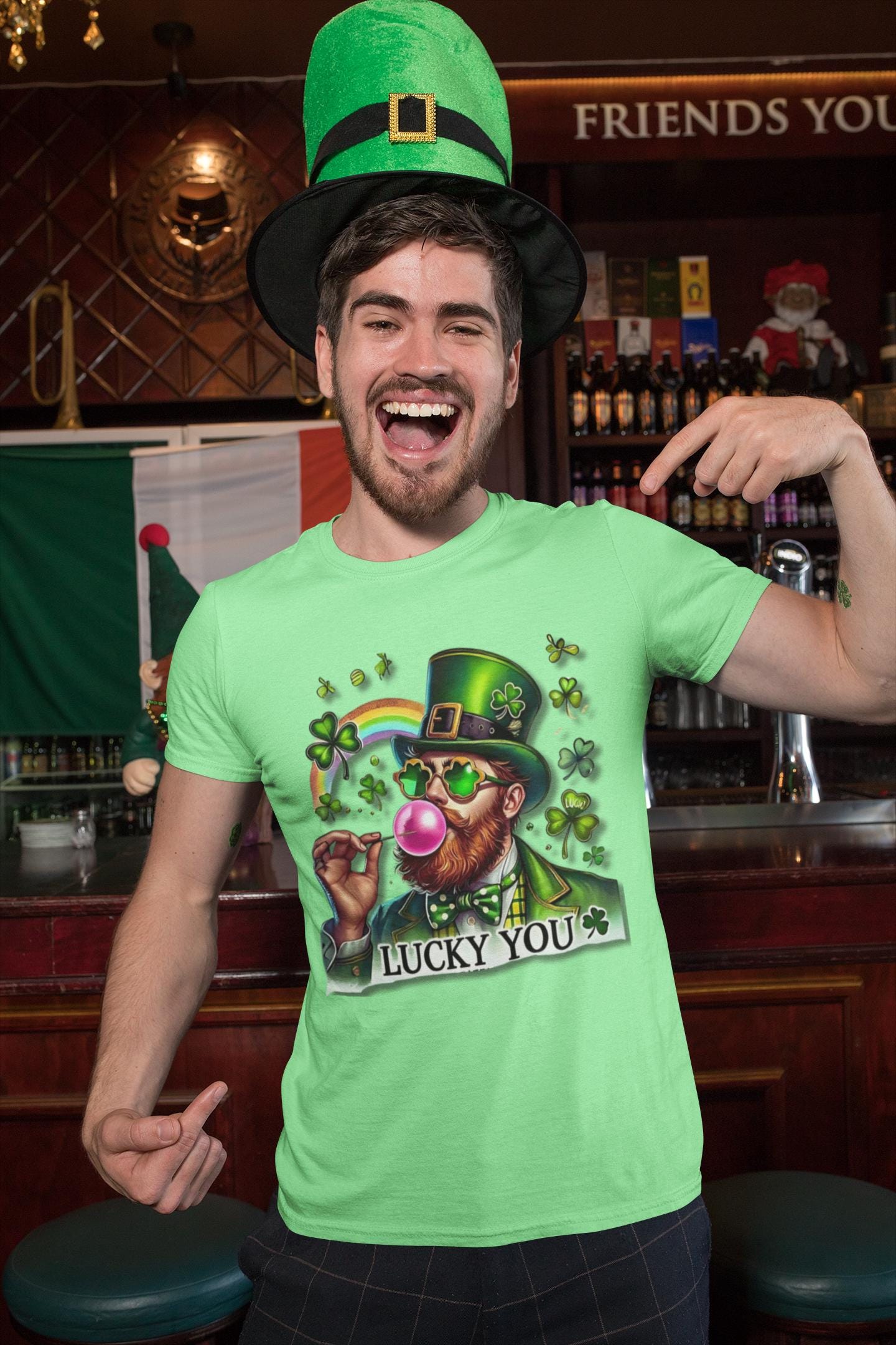 St Patrick's Day Leprechaun Bubble Gum Unisex Softstyle T-Shirt - Lucky Charm Tee, Irish Green Tshirt, Shamrock Top, March 17 Shirt, St