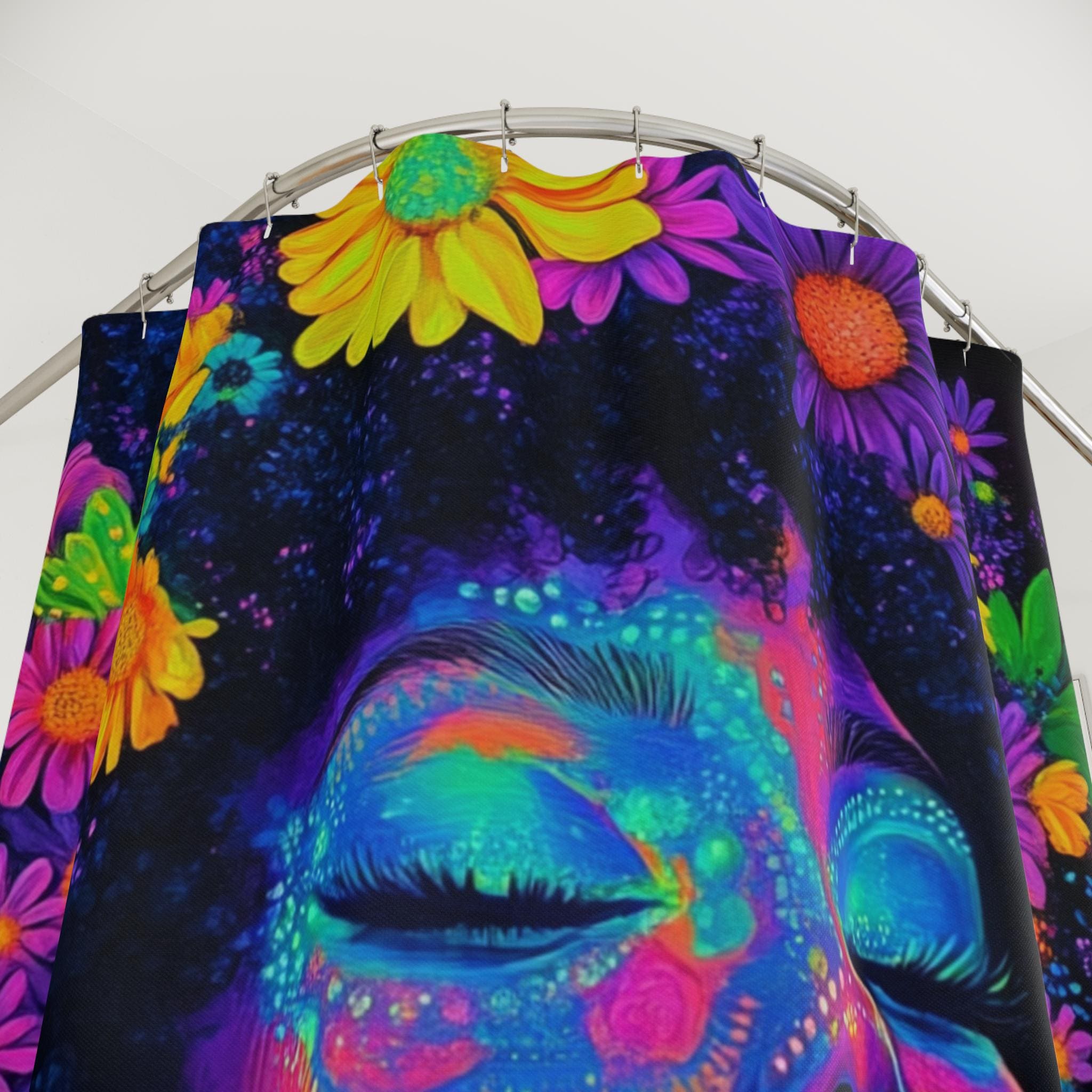 Neon Black Girl Afro Shower Curtain - Black Girl Magic Y2K Bathroom Decor, African American History, Black Woman Art, Neon Butterflies,