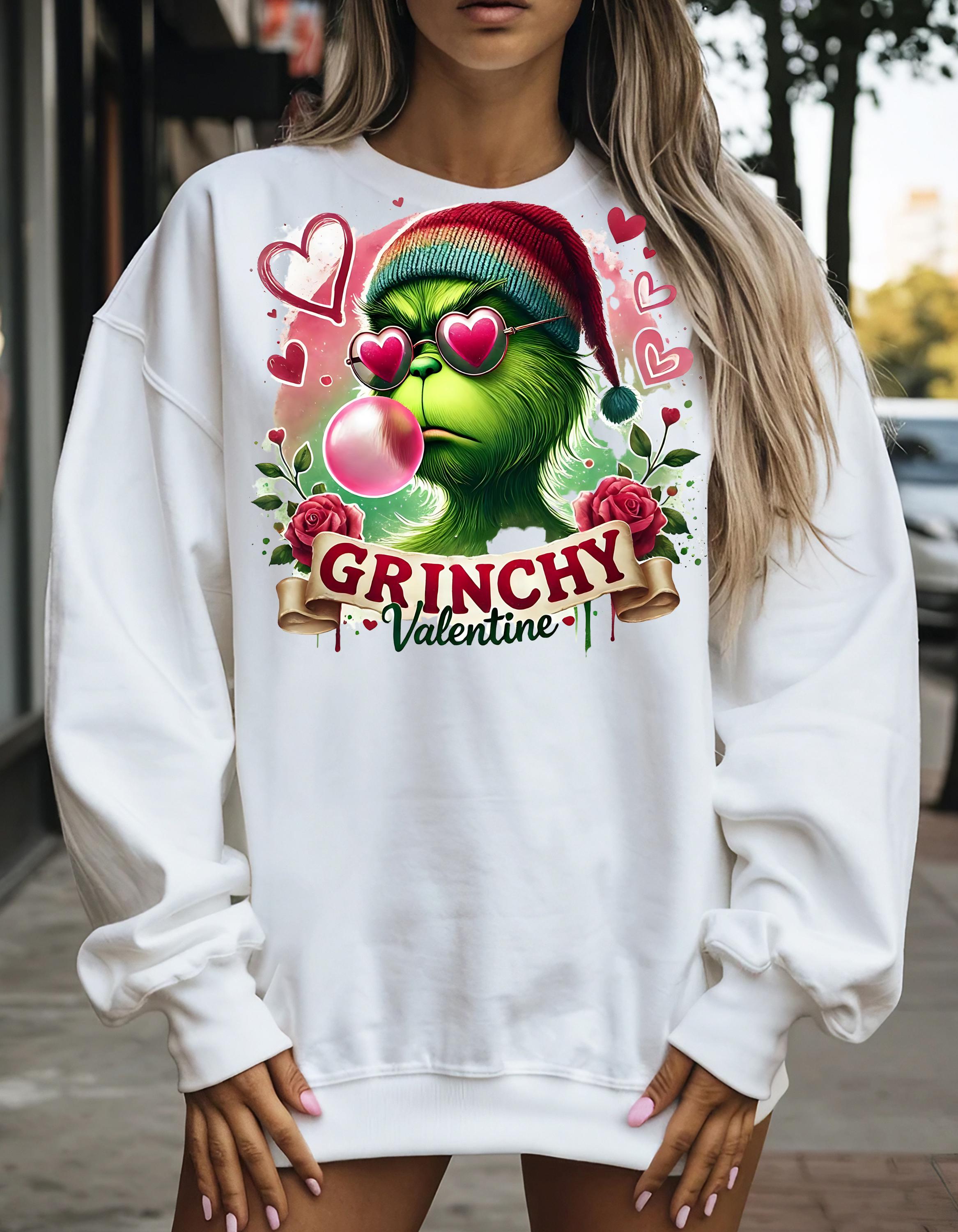 Personalizable Green Monster Valentine's Day Sweatshirt, Bubble Gum, Cute Love Gift, Unisex Crewneck Jumper, Heart Emoji Apparel parody