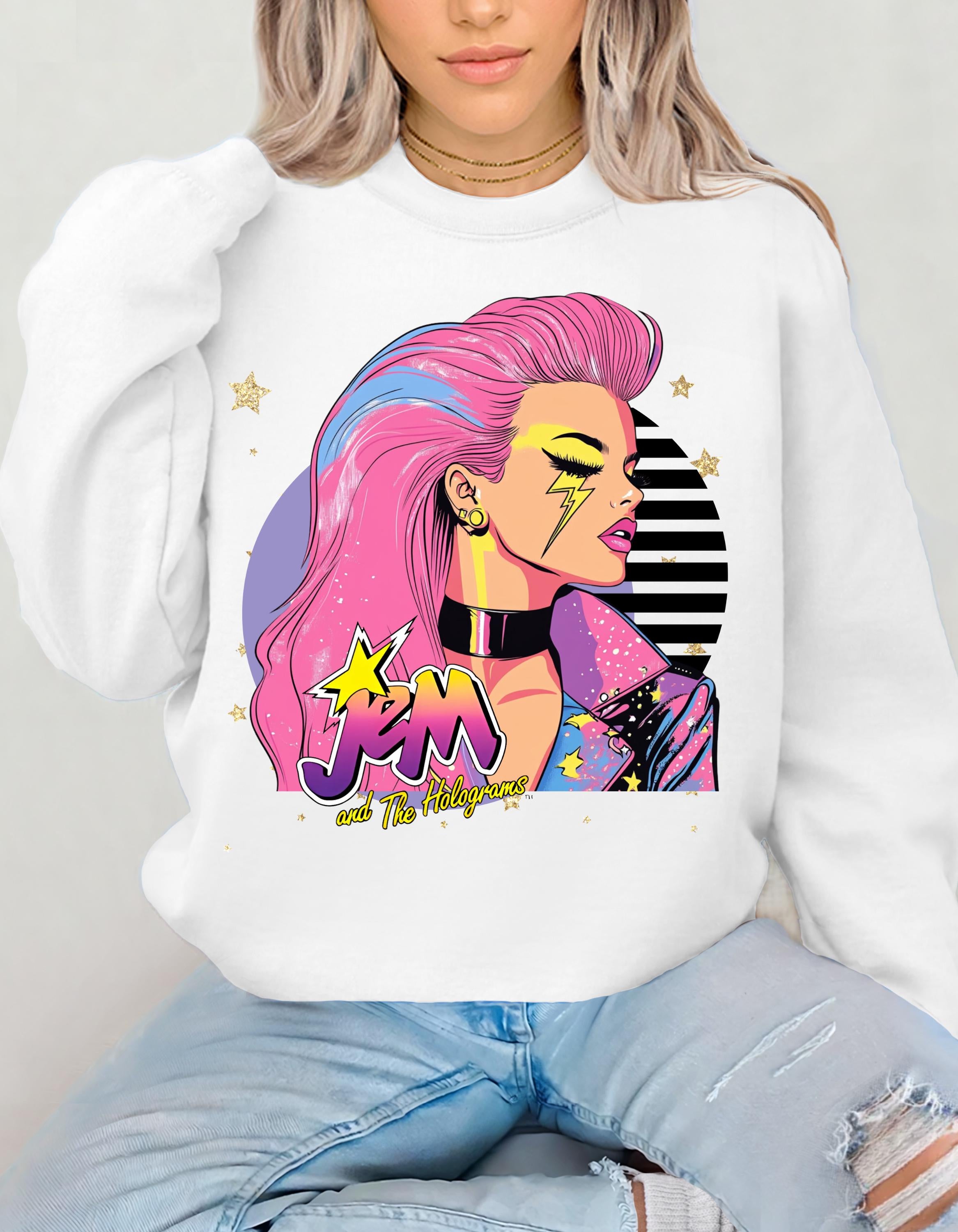 80er Cartoon Parodie Unisex Sweatshirt, Jem and Friends Parodie, Retro Crewneck Pullover für Männer und Frauen, Lustiges Cartoon Print Top, Geschenk für die 80er