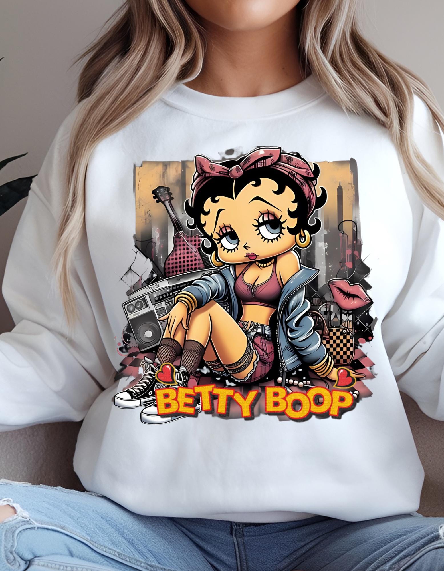 Betty Boop Streetstyle Crewneck Sweatshirt, Urban Design Unisex Pullover Pullover, Retro Cartoon Grafik Top, Casual Fashion Apparel, Geschenk für