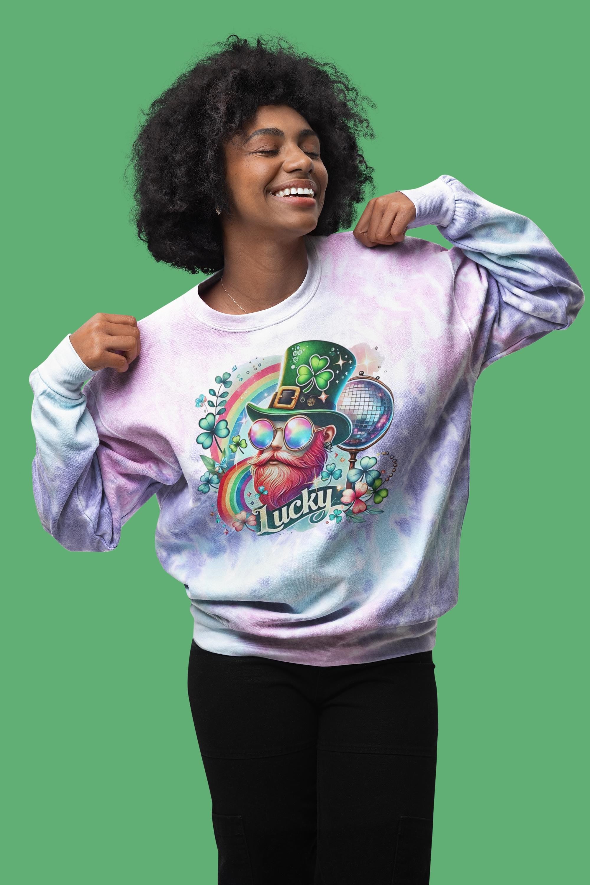 Lephrachaun Rainbow Tie-Dye Sweatshirt for St. Patrick's Day, Unisex Jumper, Discoball Pullover, Luck of the Irish Hoodie, Festive St.