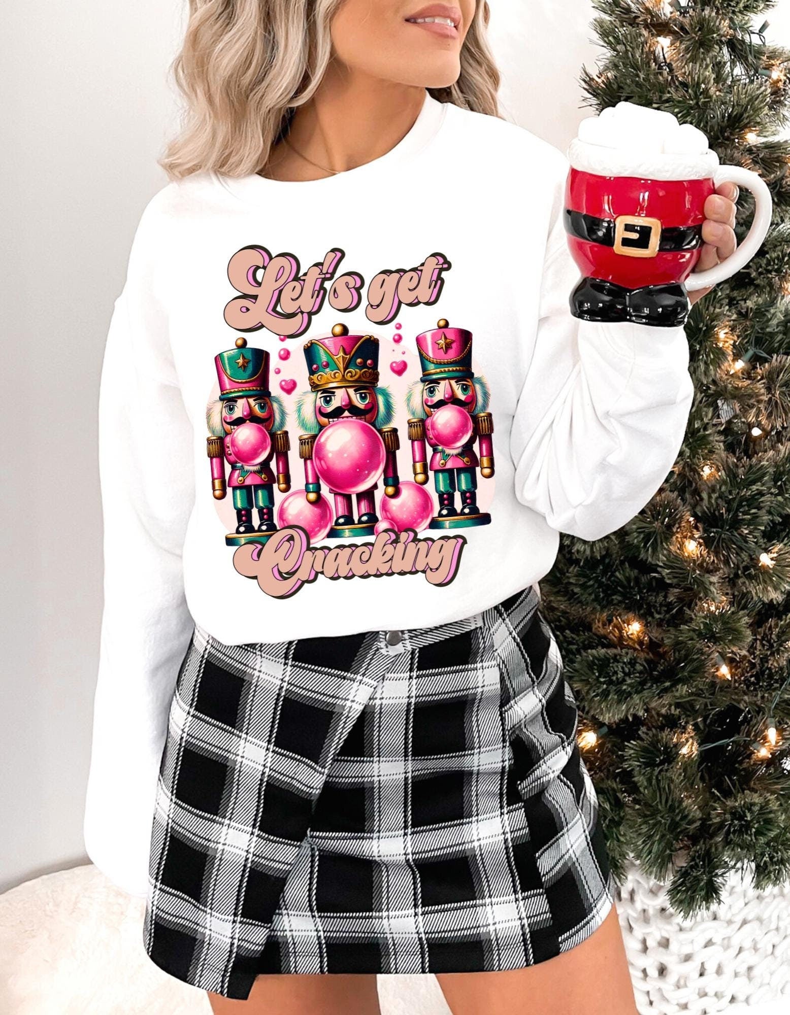 Personalizable Pink Nutcracker Christmas Sweatshirt, Unisex Crewneck Jumper, Holiday Pullover, Let's Get Cracking Design