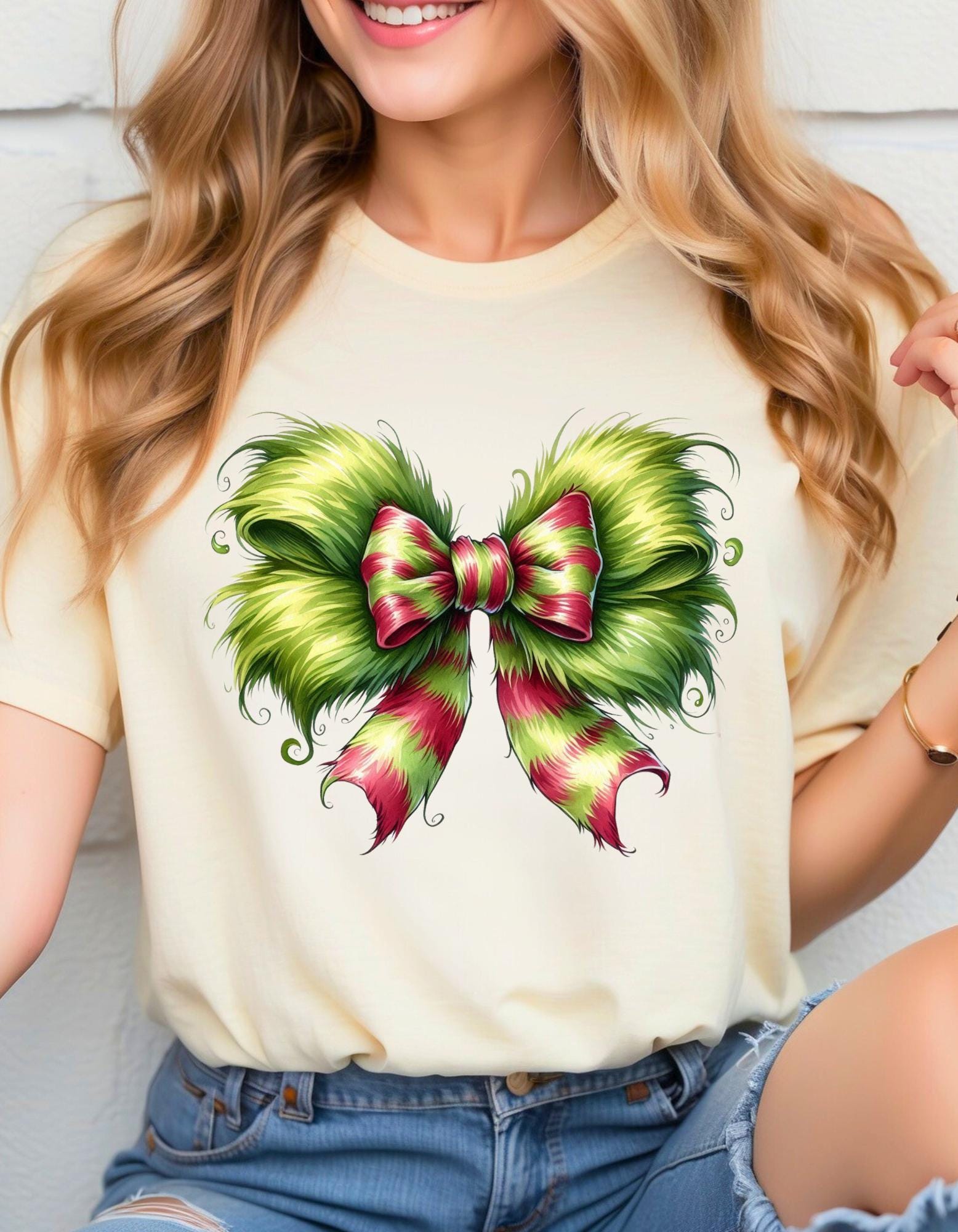 Personalizable Green Monster Grinch Christmas Bow T-Shirt - Fun and Festive Holiday Apparel