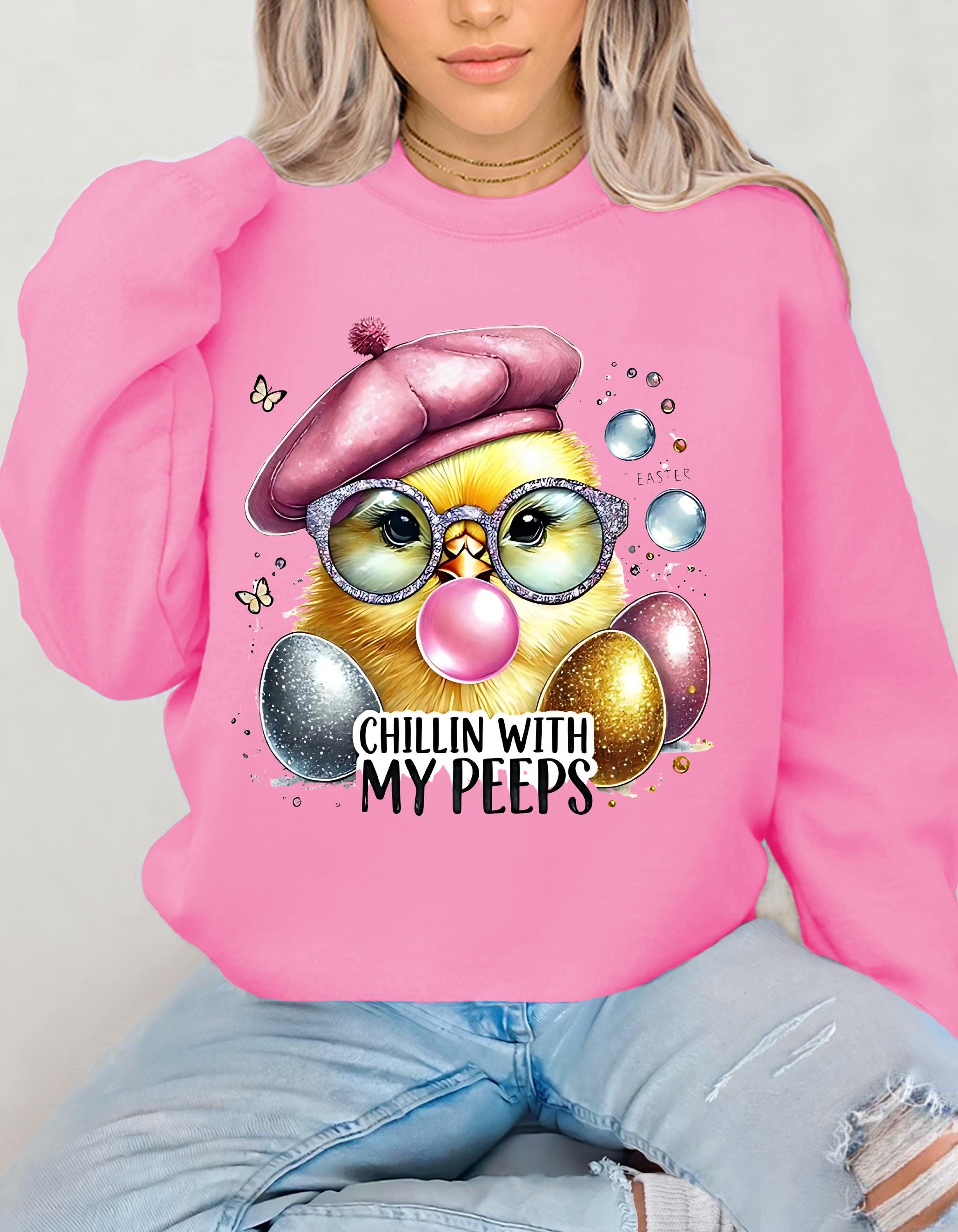 Osterküken Crewneck Sweatshirt, Chillin with My Peeps, Unisex Pullover, Oster-Coquette-Shirt, Urlaubspullover, Süßes Frühlings-Top