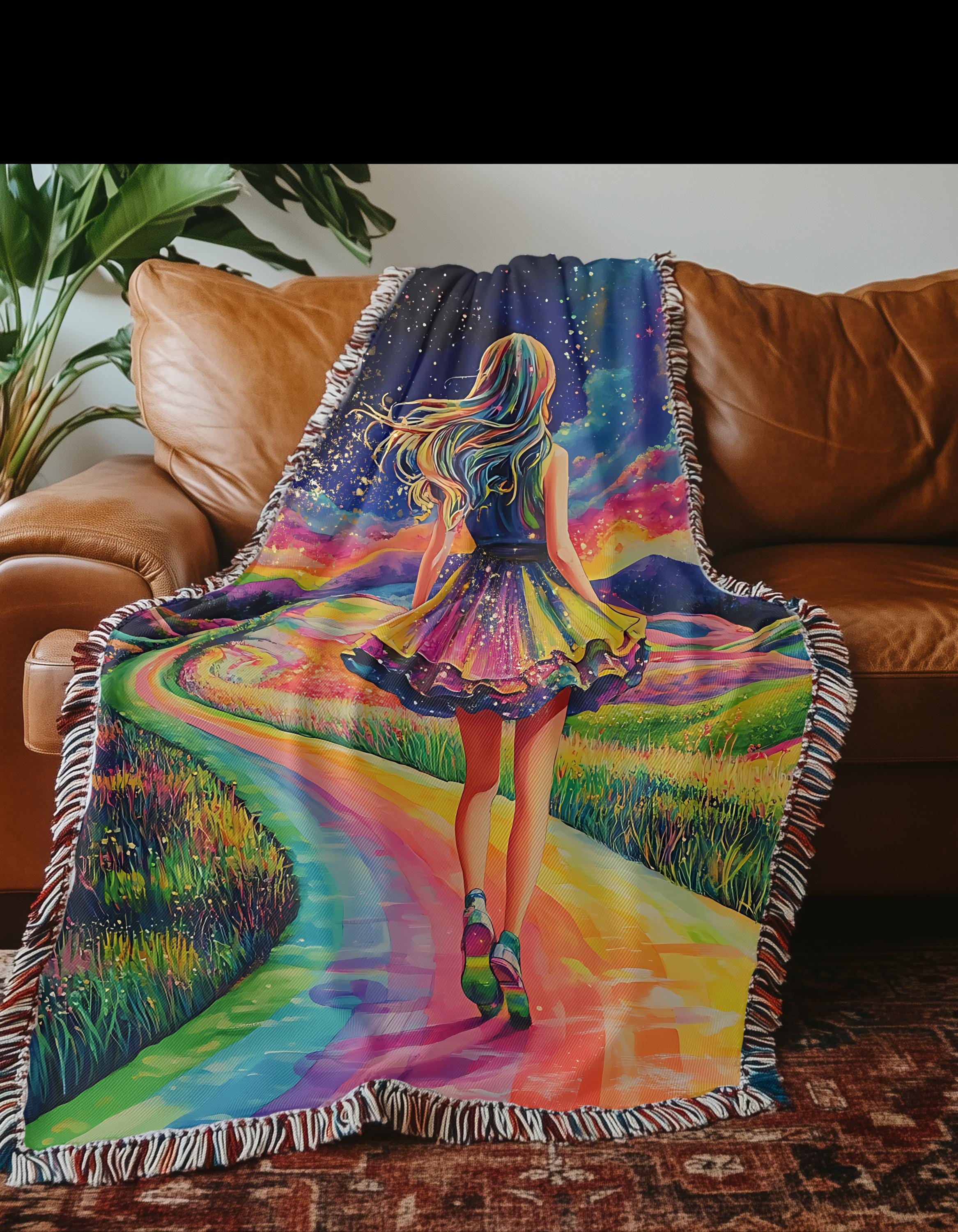 Personalisiertes, neonfarbenes Regenbogen-Straßendesign, lebendiges und psychedelisches gemütliches Bettwäsche-Geschenk, Sternenhimmel, wunderliche Fantasy-Landschaft,