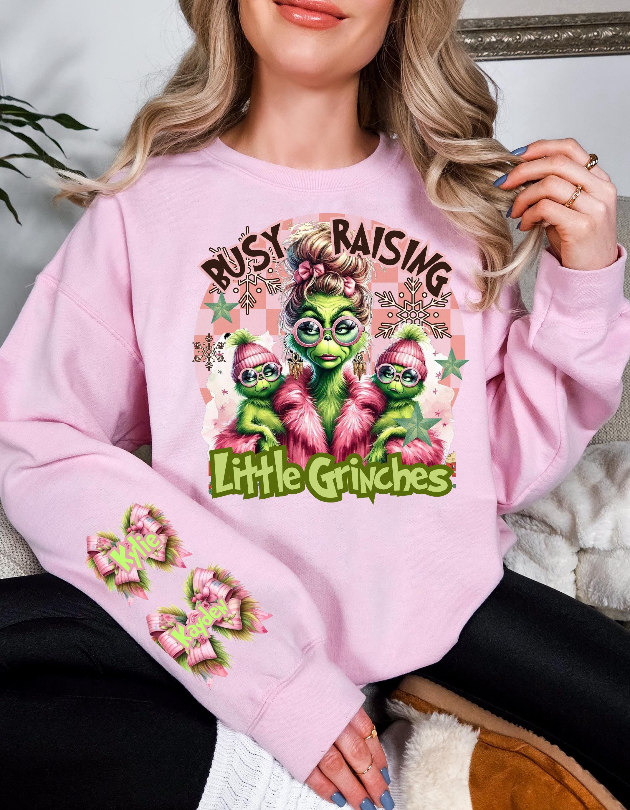 Personalizable Busy Raising Little Grinches Sweatshirt - Fun and Humorous Parenting parody Apparel