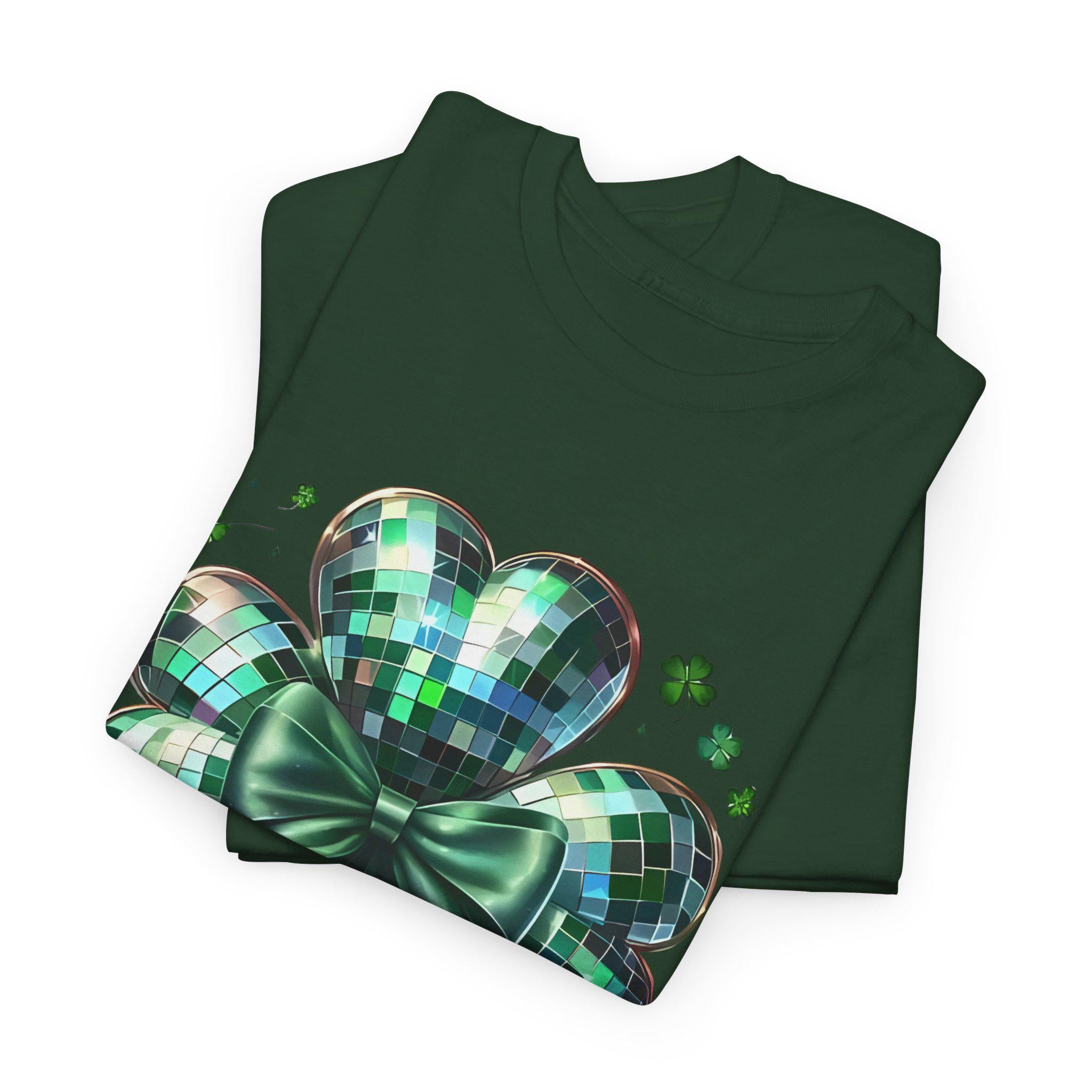 Disco Ball Clover Unisex Heavy Cotton Tee, St Patricks Day Shirt, Green Festival Top, Dance Party Apparel, Lucky Charm T-Shirt