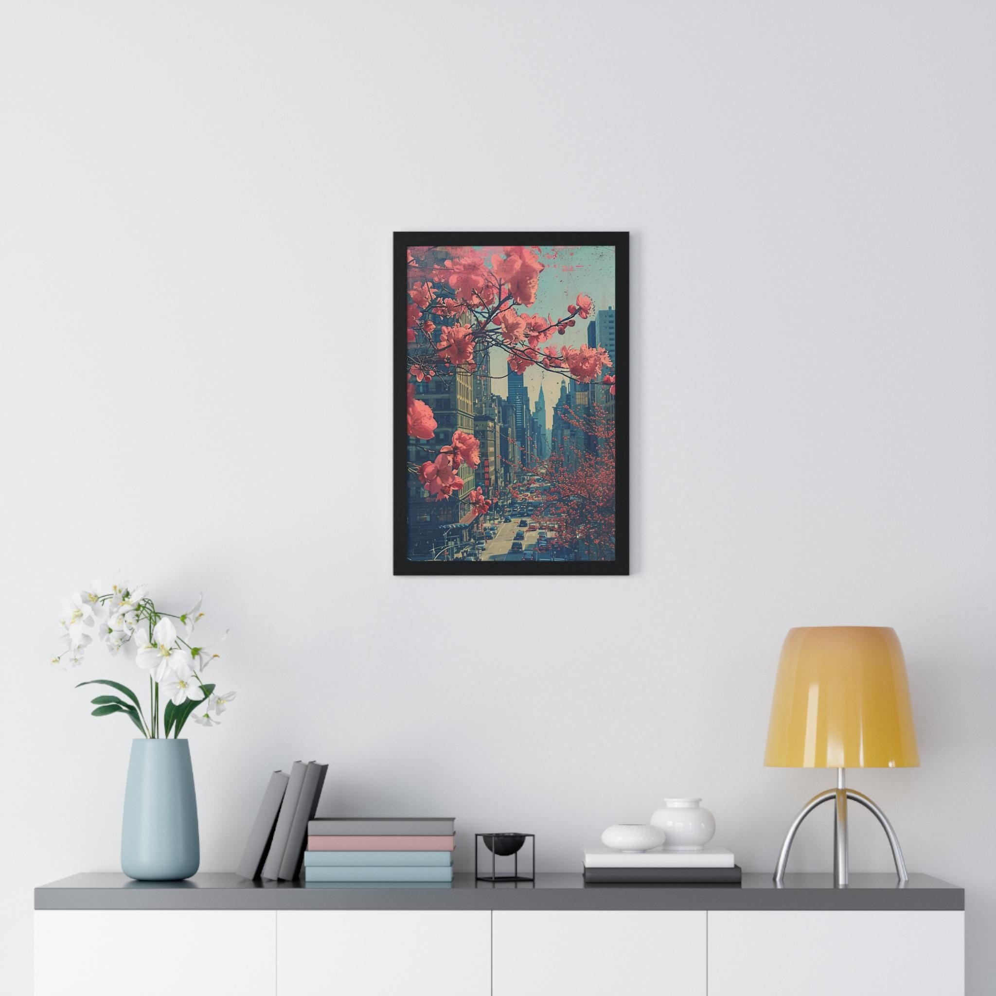 Vertical Framed Poster, Cherry Blossoms in New York City, Zen Art, Japan Art, Bring Flowers, Home Decor Wall Art, Wall Hanging Decoration