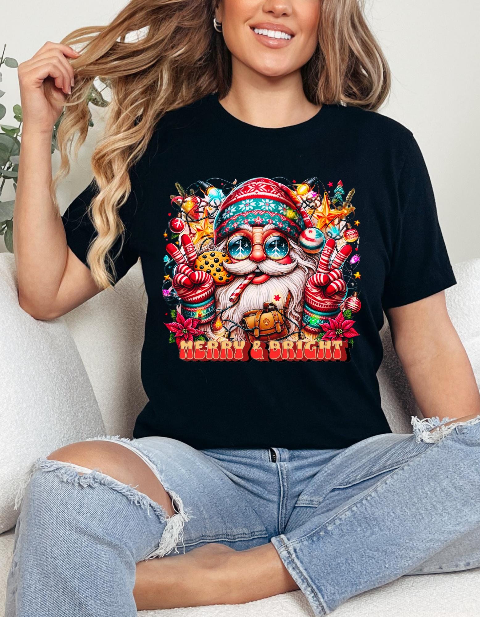 Personalisierbares fröhliches und helles Weihnachtsmann-Hippie-T-Shirt - Festliche Urlaubsbekleidung