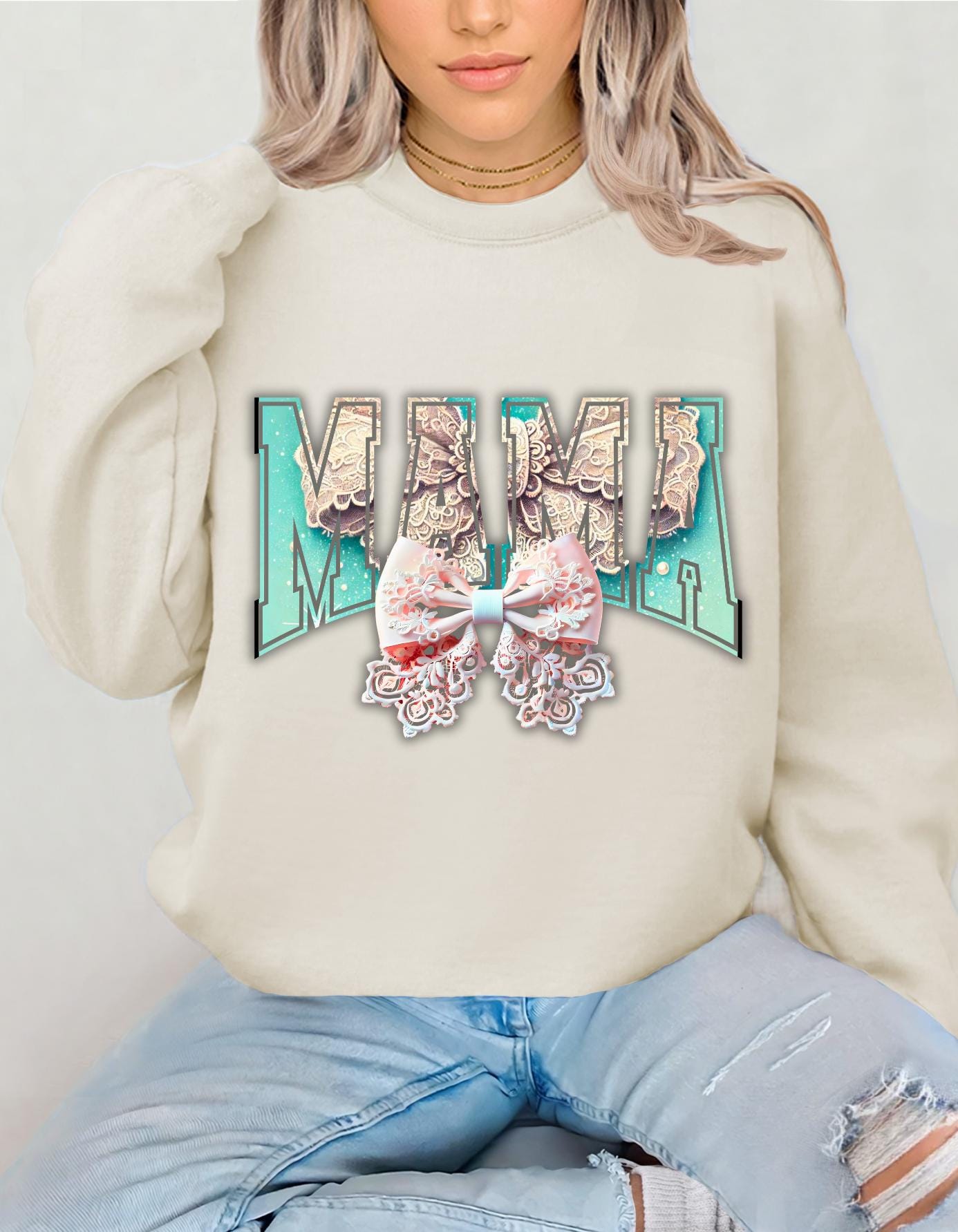 Personalizable Collegiate Font Mama Mom Gift Unisex Sweatshirt, Mother's Day Coquette Bow Design, Cute Crewneck Jumper, Gift for Her