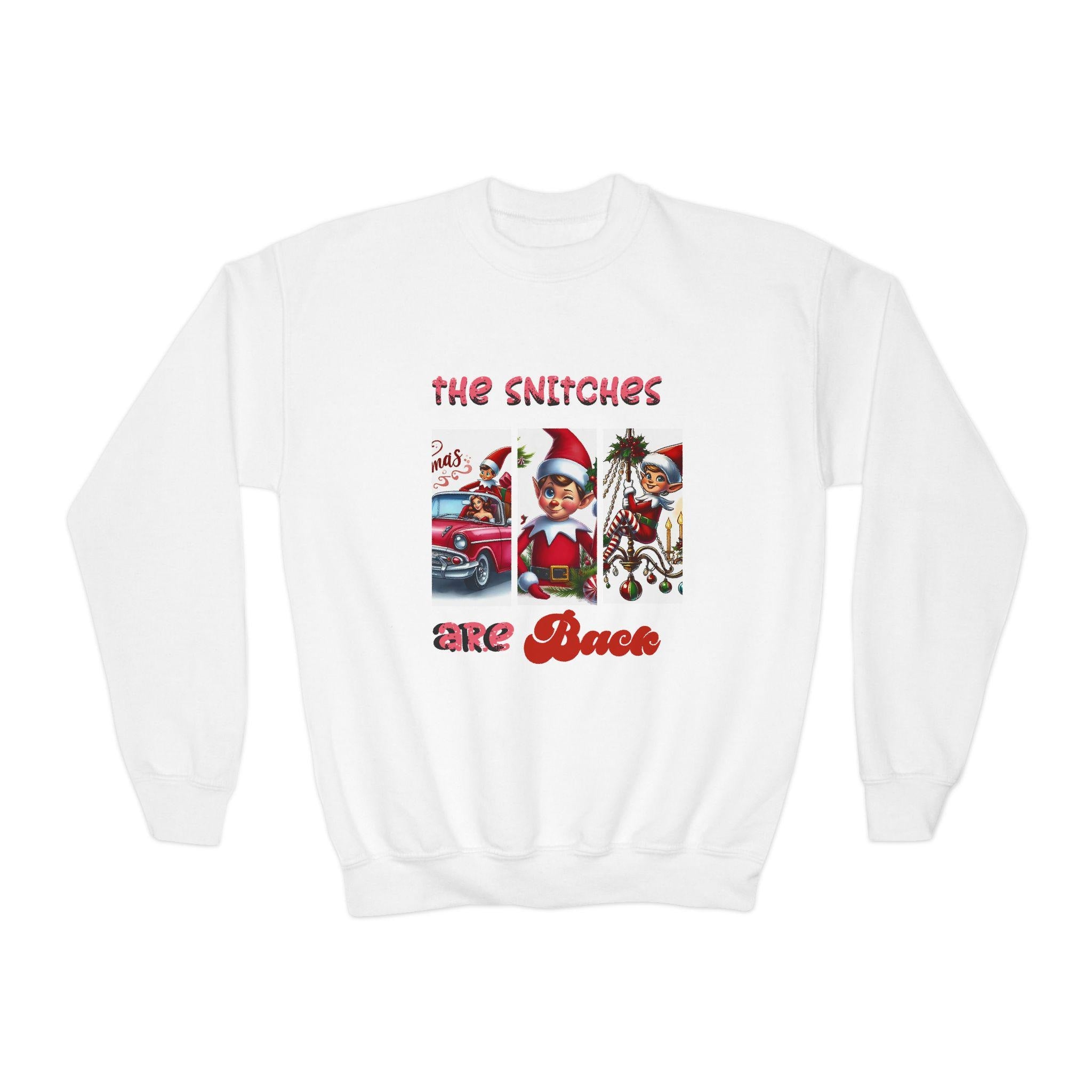 Funny Christmas Elf Parody Youth Crewneck Sweatshirt, Snitches Are Back Winter Jumper, Xmas Holiday Pullover, Kids Novelty Sweater, Secret