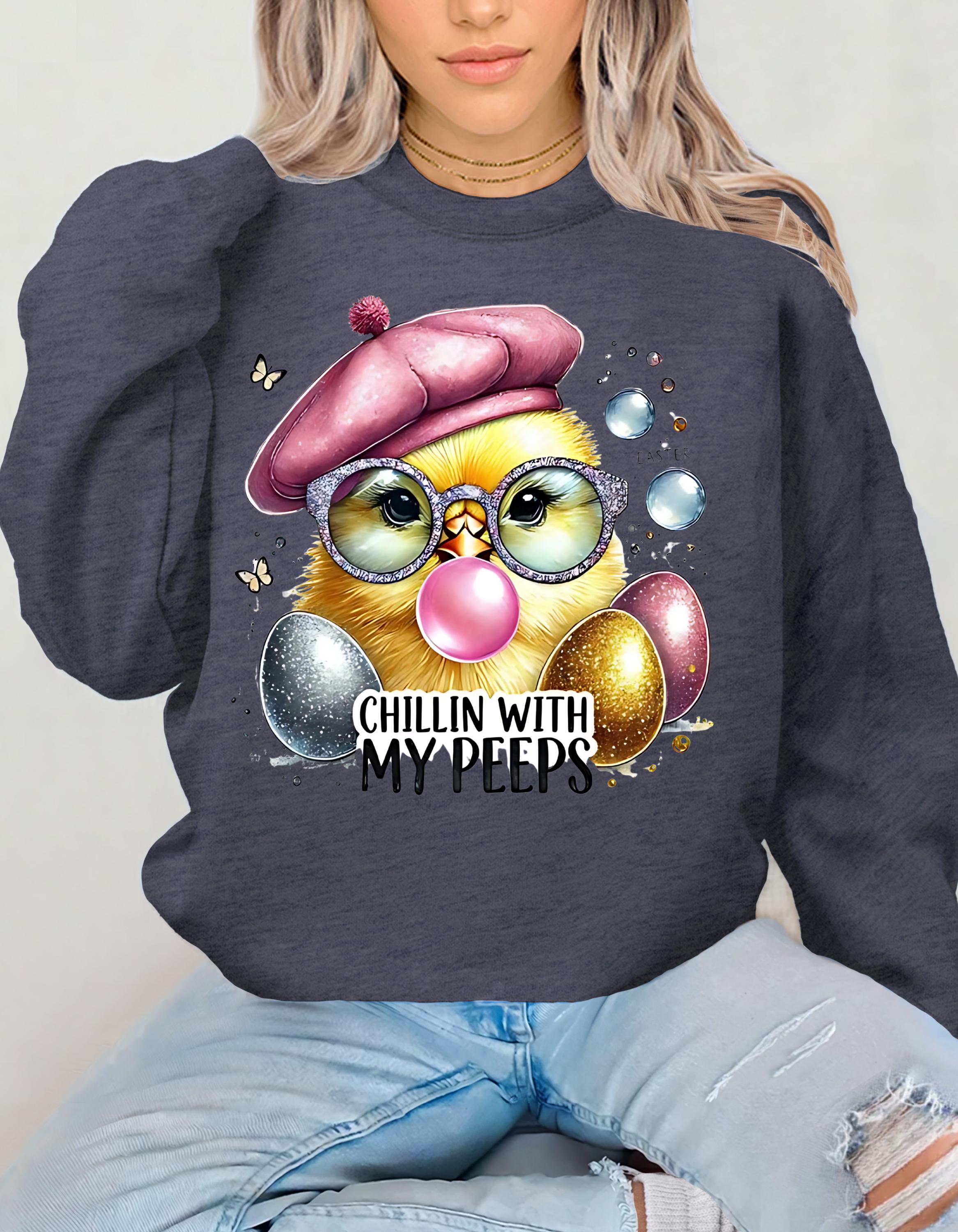 Osterküken Crewneck Sweatshirt, Chillin with My Peeps, Unisex Pullover, Oster-Coquette-Shirt, Urlaubspullover, Süßes Frühlings-Top