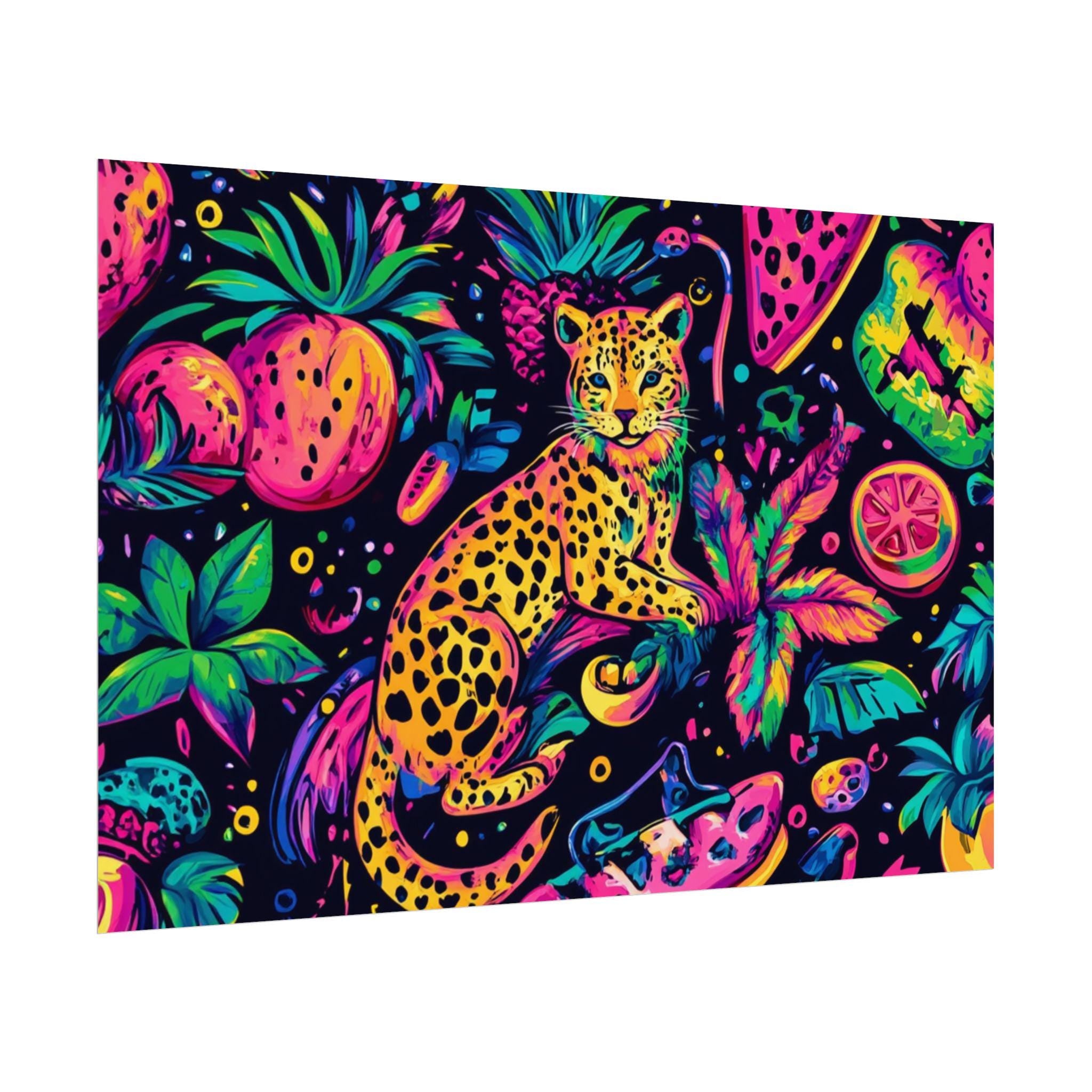 Poster Print, 90s Neon Leopard Geometric Pattern Fruit Summer Maximalist Wall Art, Rolled Posters, Home Decor, Room Decor, Dorm Decor, Gift