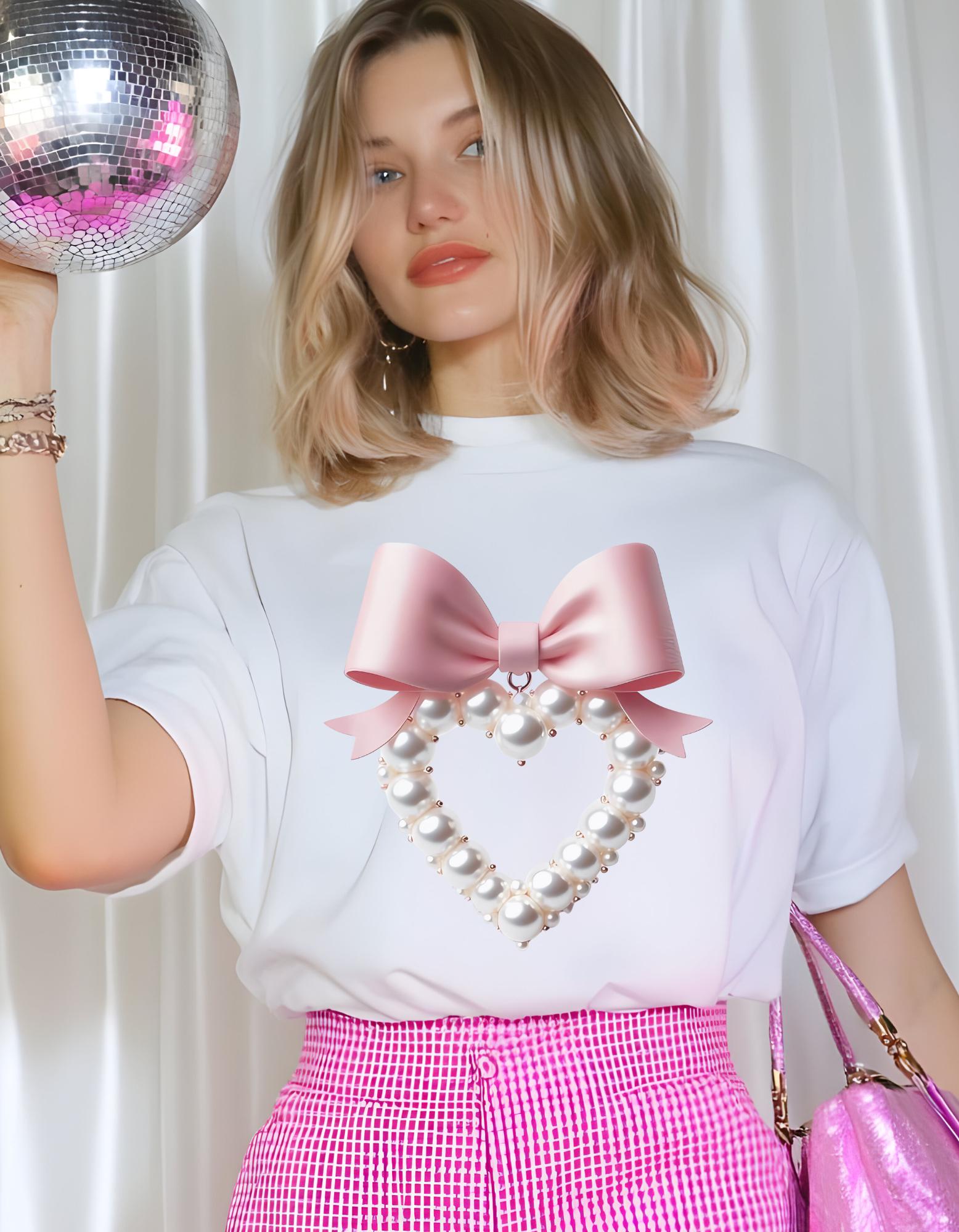 Personalizable Coquette Pearl Heart Sweater, Cute Pearl Aesthetic Shirt, Custom White Bow Tee, Unisex Cotton Top, Coquette Bow Sweater