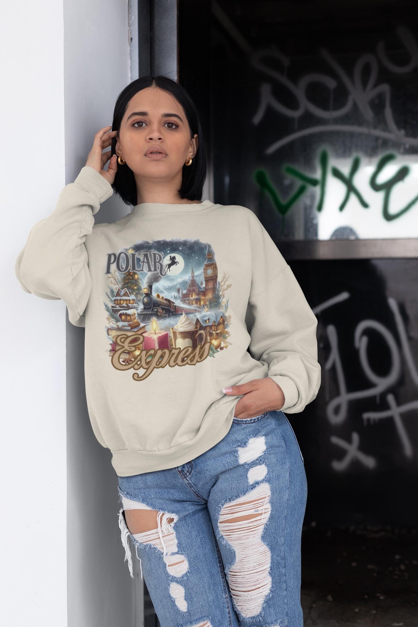 Weihnachts-Sweatshirt, North Polar Express Weihnachtspullover, Festliche Winterbekleidung, Weihnachtspullover mit Rundhalsausschnitt, Jahreszeitengeschenk für Sie/Ihn,