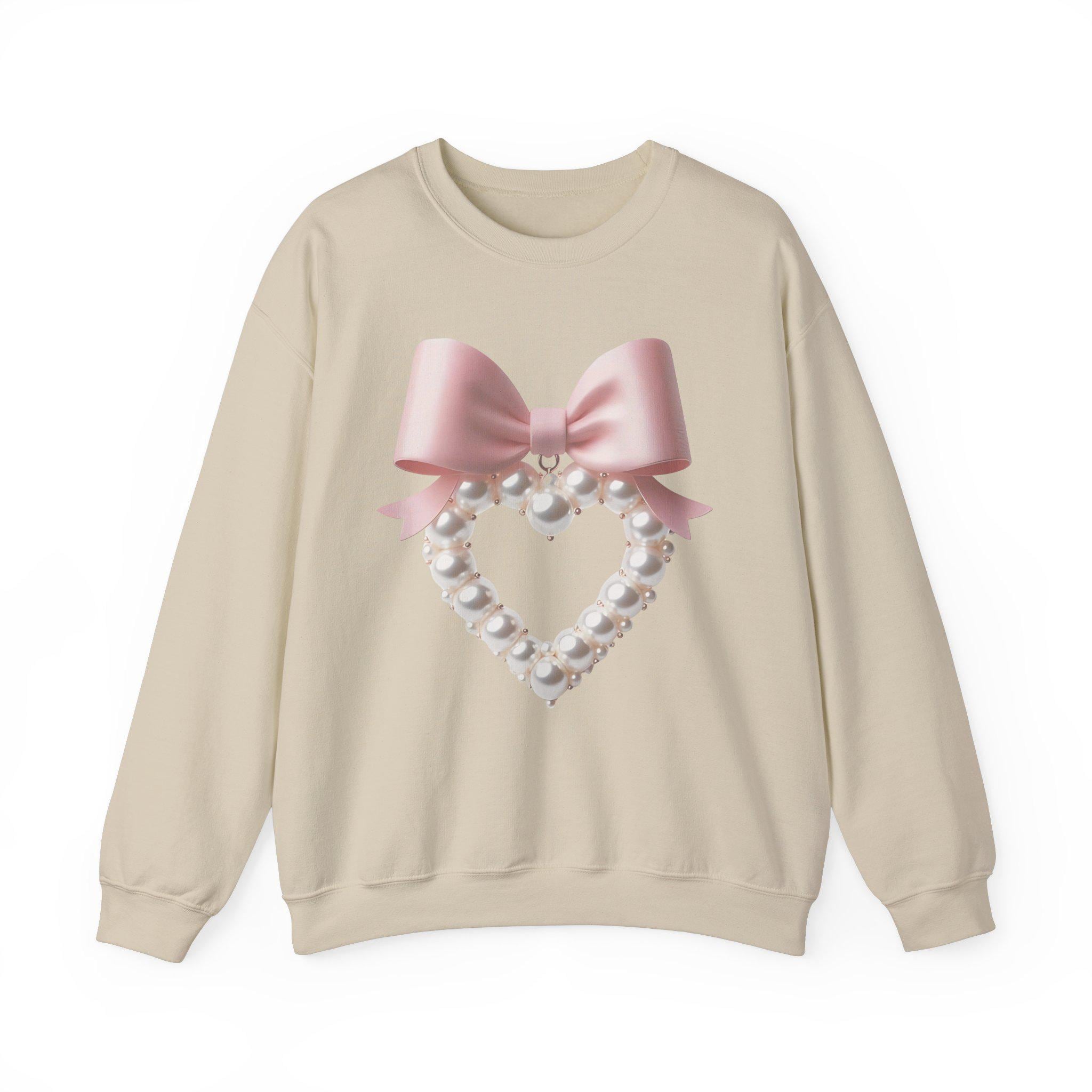 Coquette Pearl Heart Crewneck Sweatshirt, Süßer Schleifenpullover, Weißer Ästhetischer Pullover, Trendy Perlen Design Pullover, Personalisierter Pullover