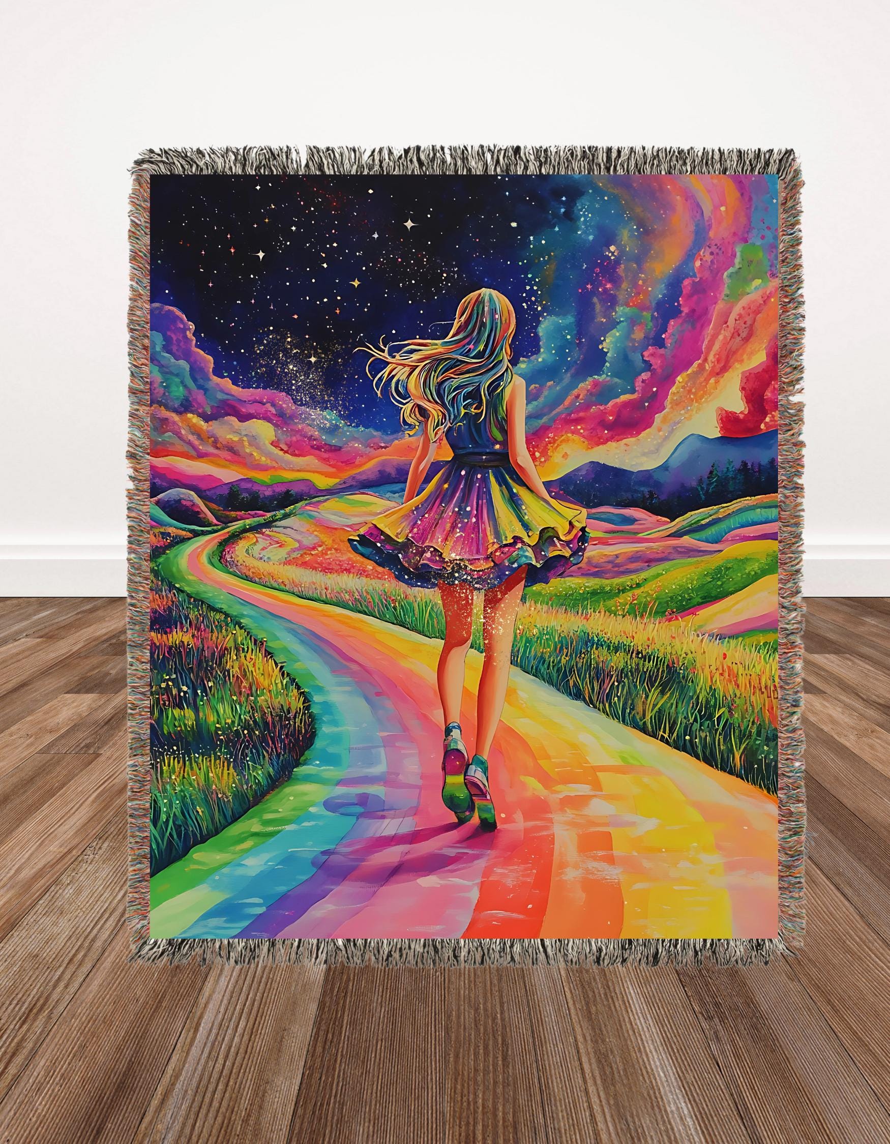 Personalized, neon Rainbow Road Design, Vibrant & Psychedelic Cozy Bedding Gift, Starry Night Sky, Whimsical Fantasy Landscape,