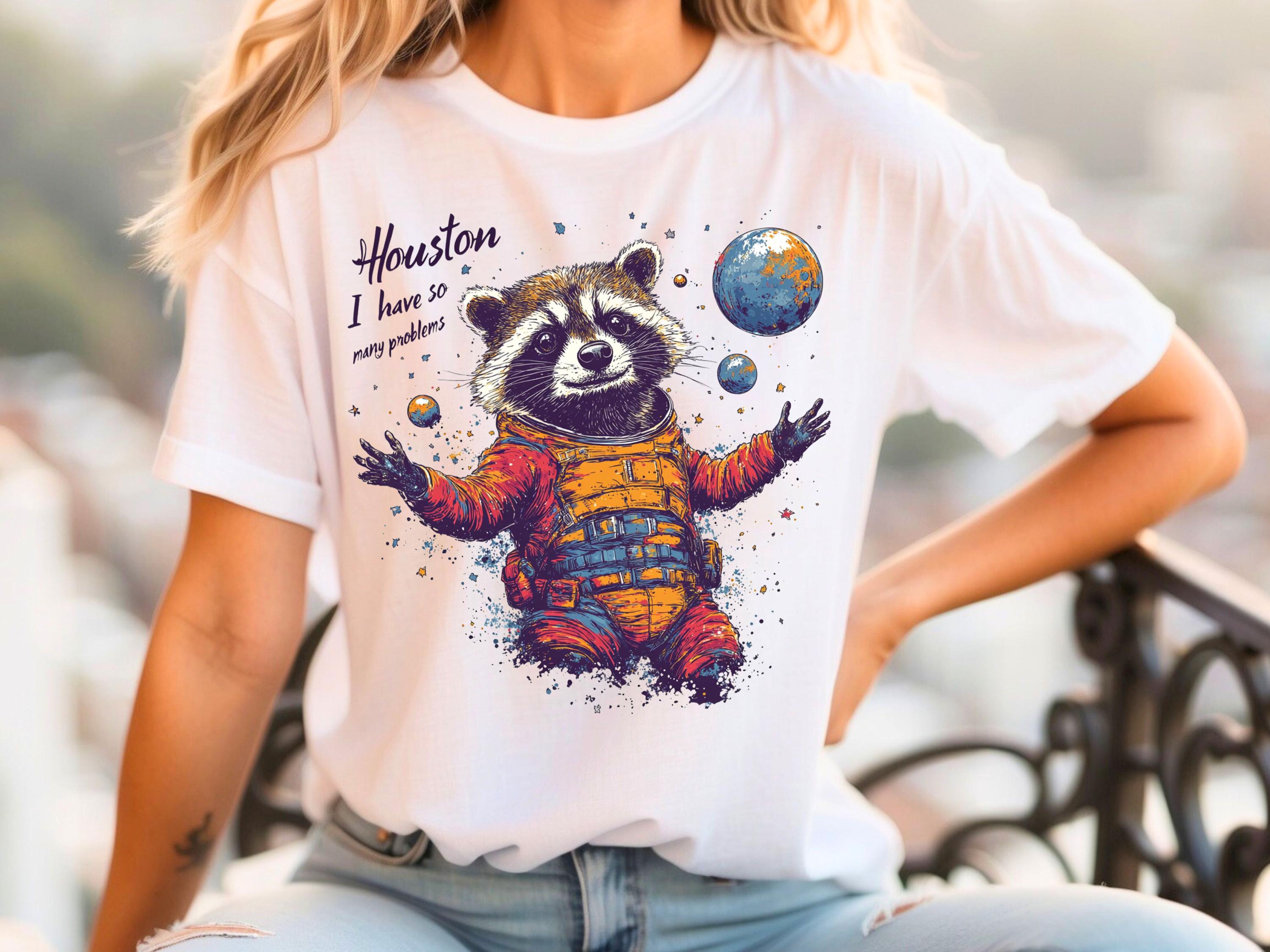 Houston I Have Many Problems Waschbär T-Shirt, Lustiges Grafik T-Shirt, Unisex Baumwollshirt, Süßes Tier Top, Space Humor Geschenk, Astronomie Liebhaber