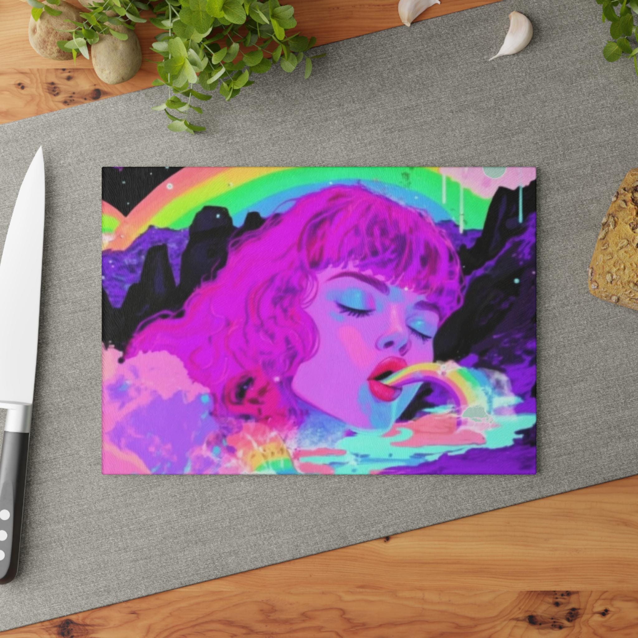 Retro Cutting Board, Vomiting Rainbows, Trippy Glass Cutting Board, Personalized Gift, Kitchen Decor, Retro Kitchenware