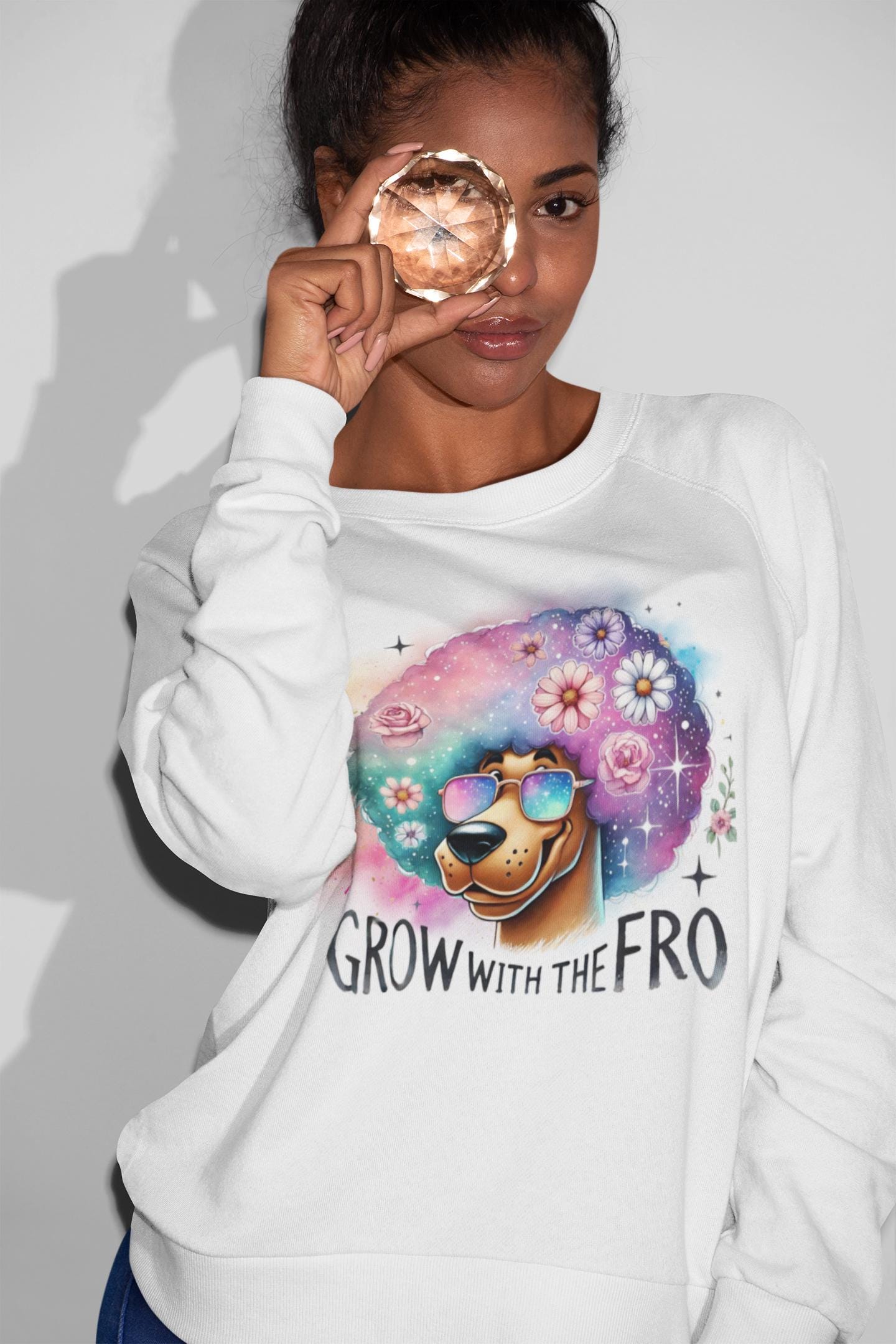 Schwarzes Haar-Wertschätzungs-Unisex-Sweatshirt, Grow with the Fro, Great Dane Hippie Hundeshirt, Gemütlicher Pullover, Crewneck-Pullover, Winterkleidung