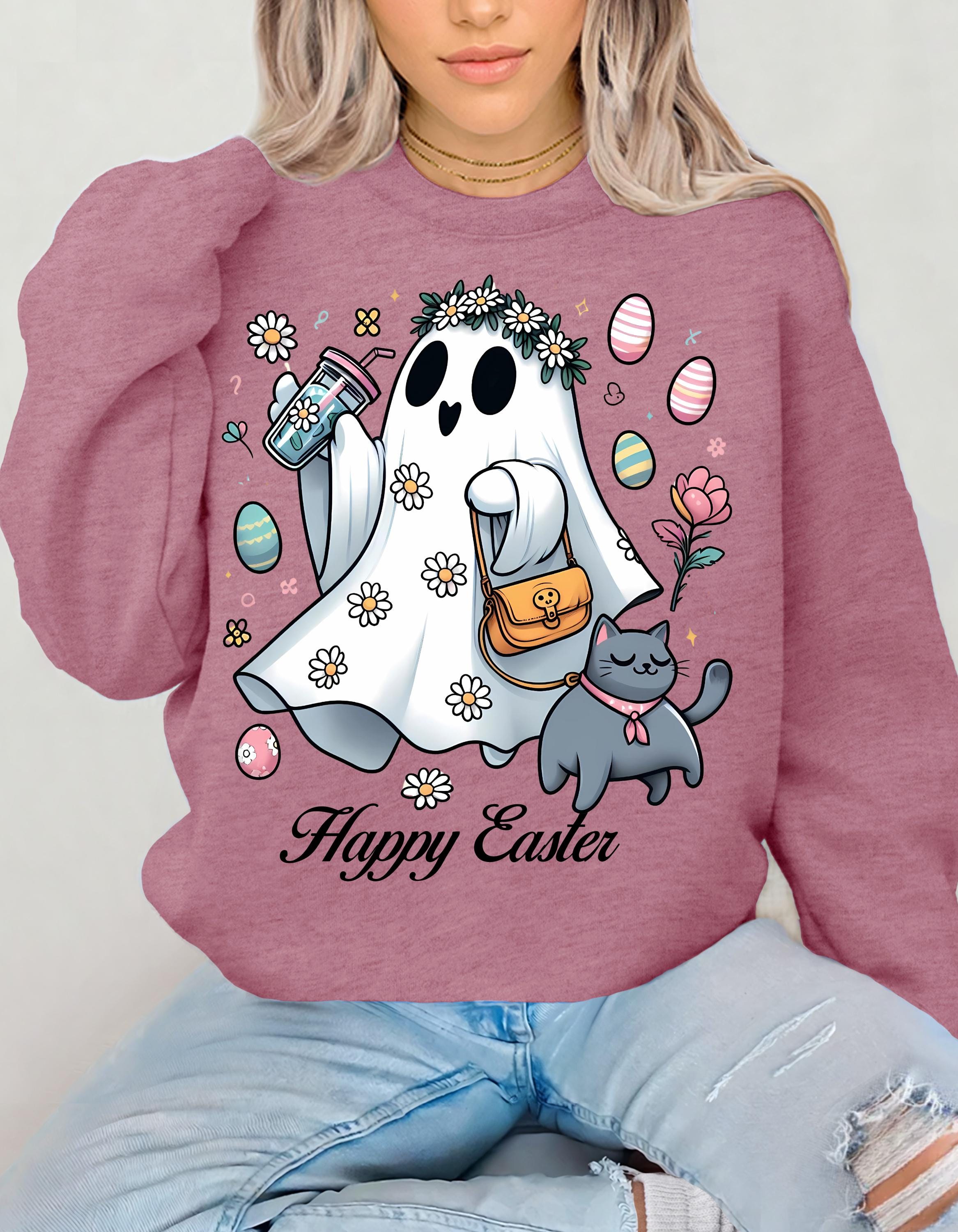 Easter Ghost & Cat Sweatshirt - Perfect Spring Gift, Cozy Crewneck for Cat Lovers, Unisex Sweatshirt, Holiday Apparel, Cute Casual Wear