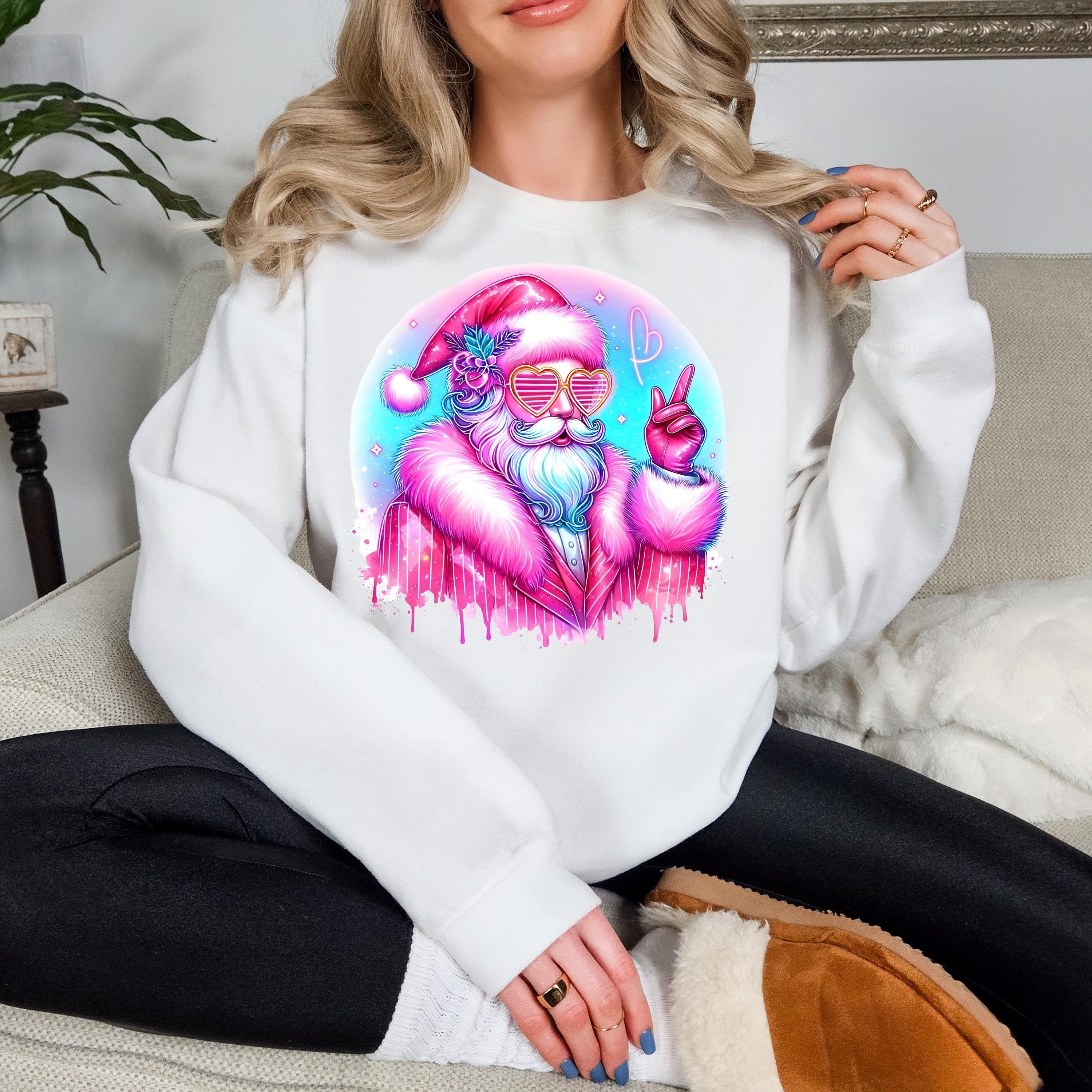 Funky Pink Santa Sweatshirt - Hipster Urlaubskleidung - Lebhafter Weihnachts-Crewneck - Einzigartiger Weihnachtsmann-Pullover - Festliche Wintermode