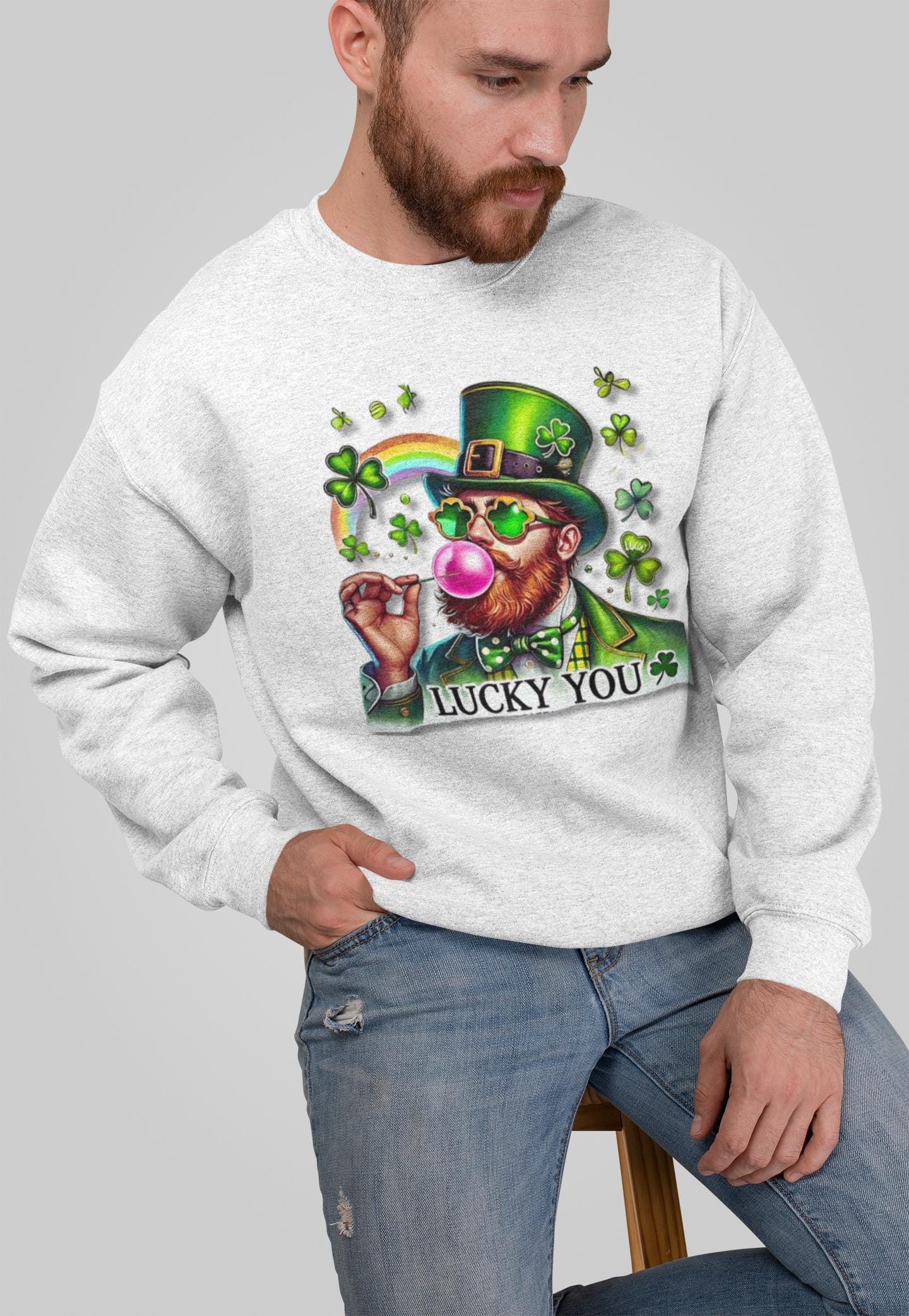 Personalizable St Patrick's Day Leprechaun Bubble Gum Sweatshirt, Funny Holiday Movie Characters Shirt