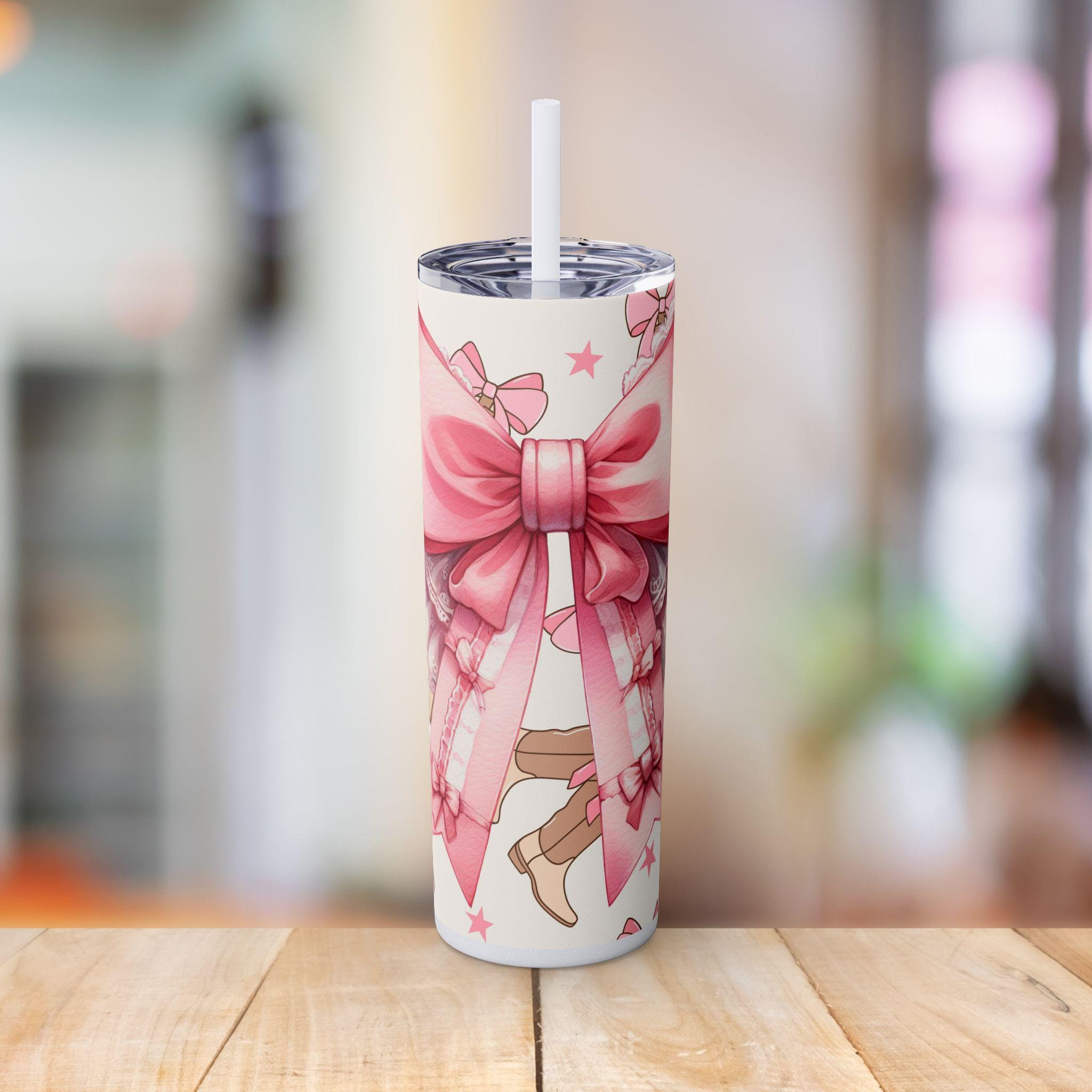 Cowgirl Coquette Bow Skinny Tumbler mit Stroh, 20oz - Western Cup, Western Tumbler, Cowgirl Geschenk, Rodeo Trinkgeschirr, Country Western Dekor