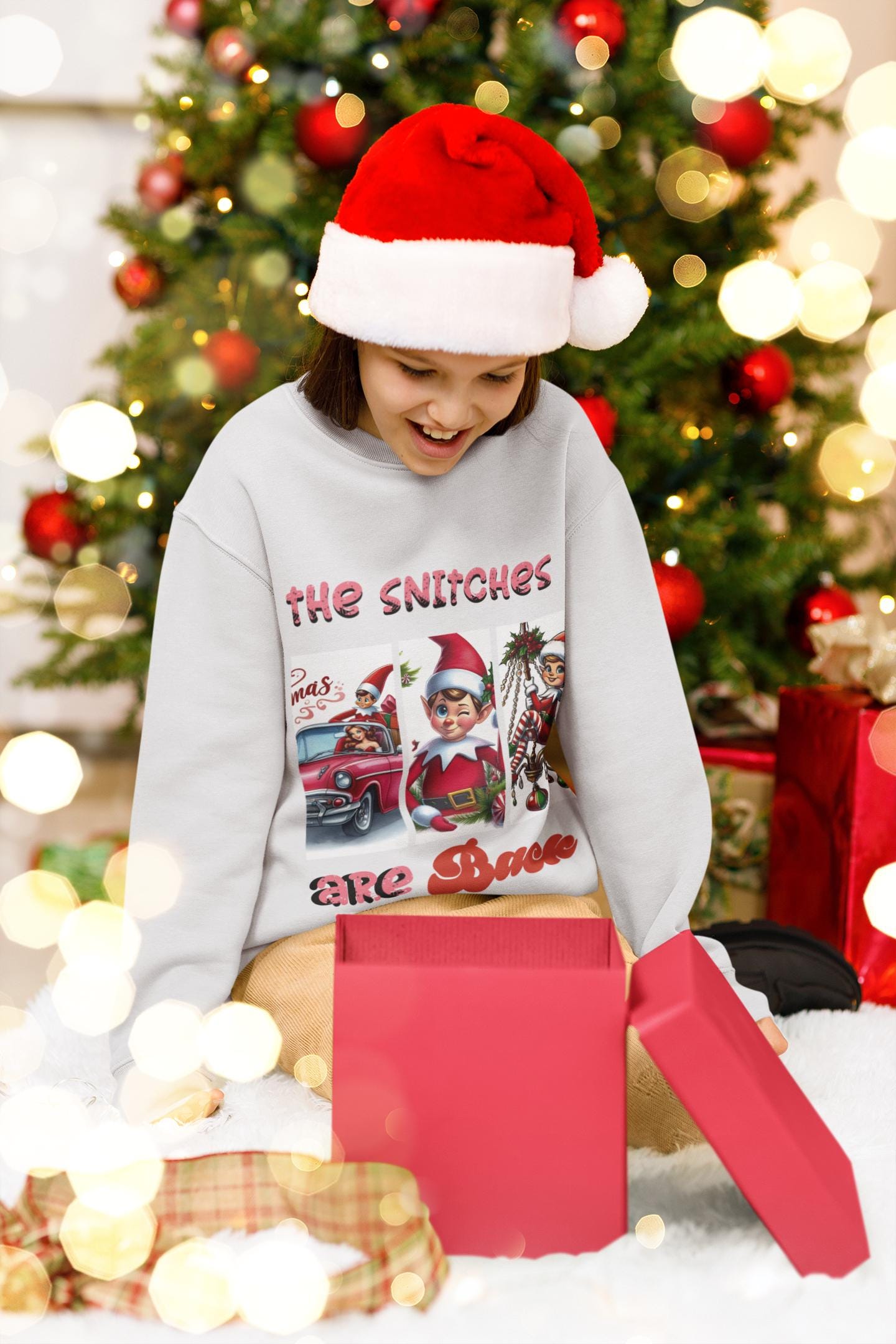 Funny Christmas Elf Parody Youth Crewneck Sweatshirt, Snitches Are Back Winter Jumper, Xmas Holiday Pullover, Kids Novelty Sweater, Secret