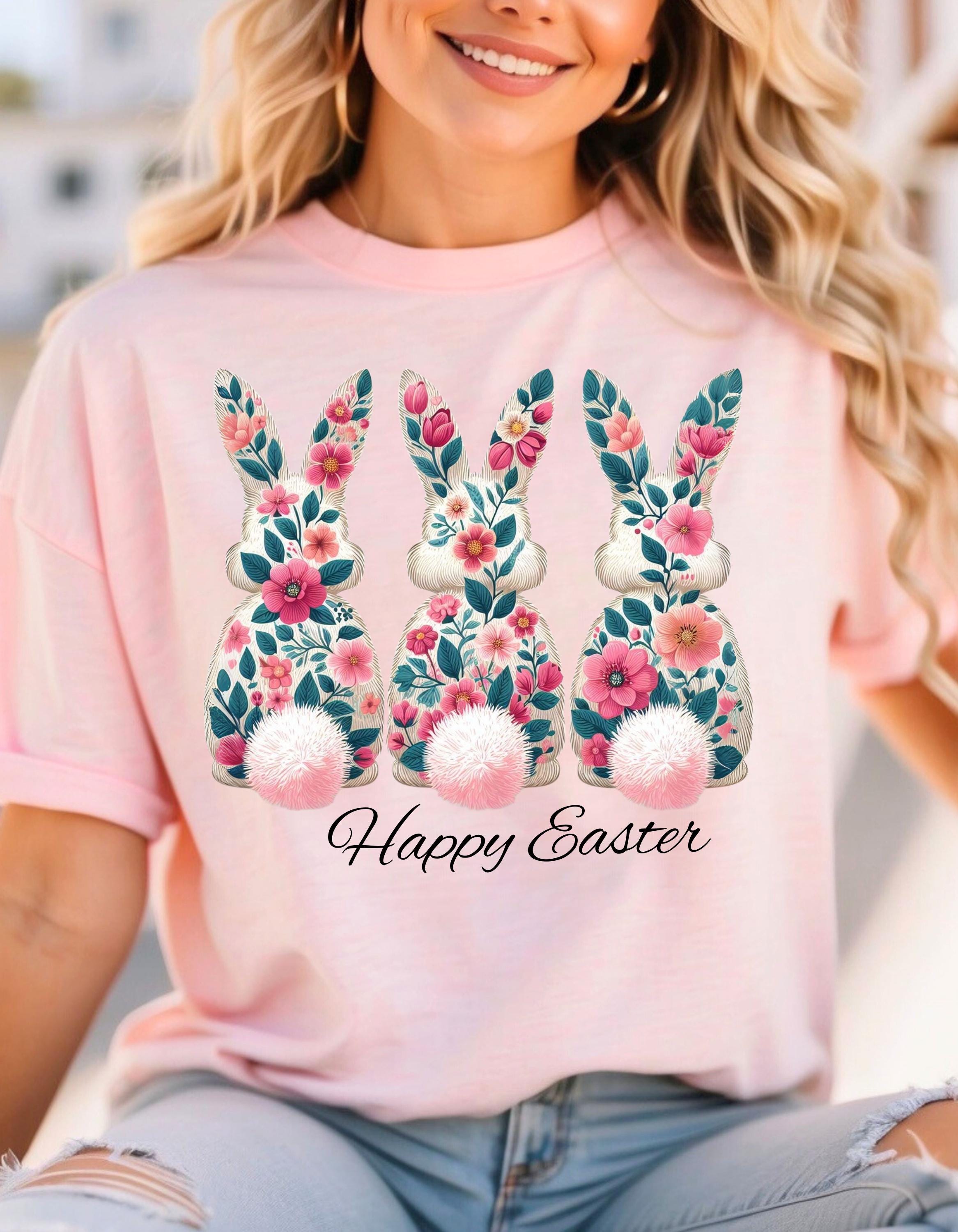 Florales Osterhasen T-Shirt, Frühlings T-Shirt, Unisex Baumwollshirt, Osterfeier Top, Süßes Geschenk zu Ostern