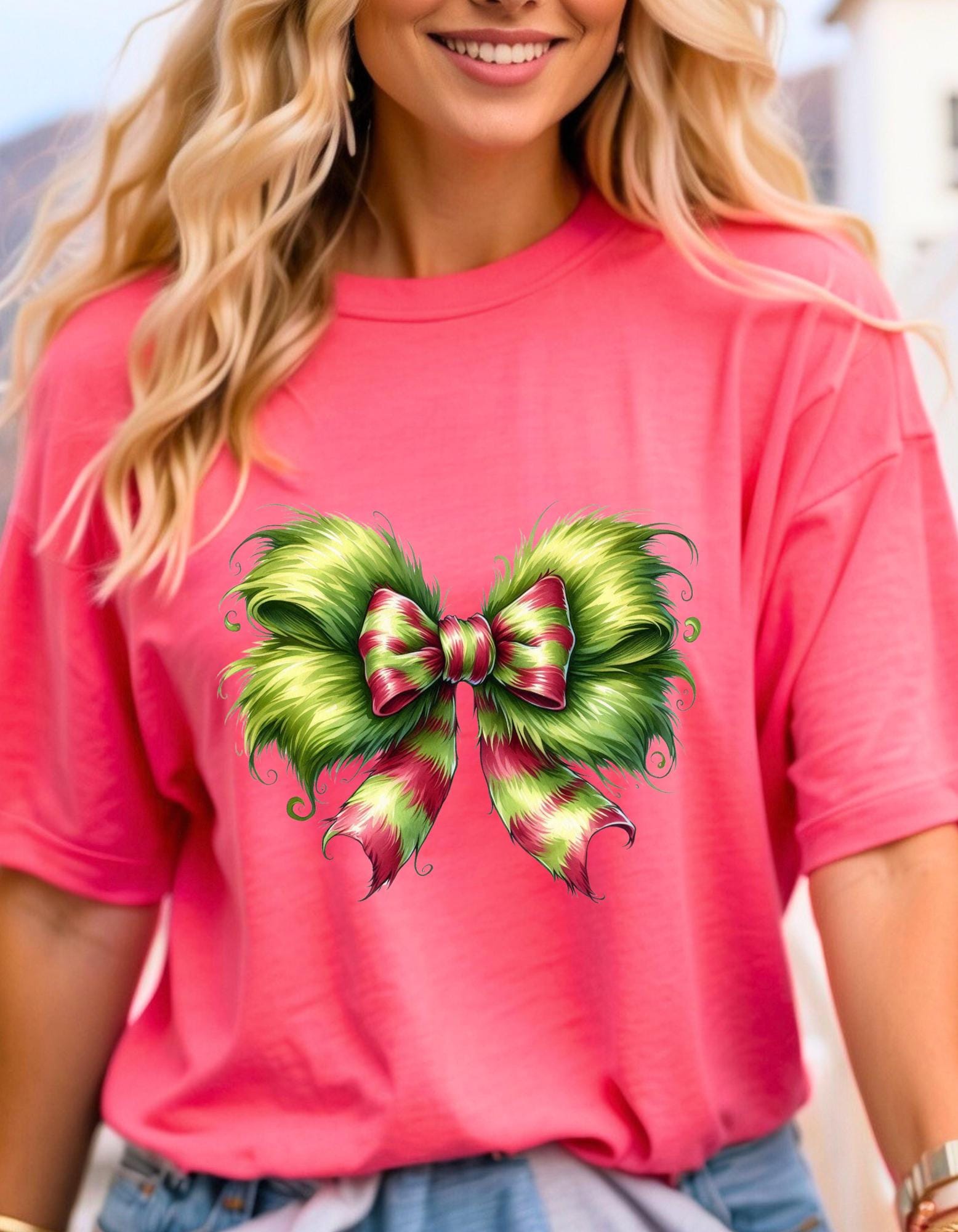 Personalizable Green Monster Grinch Christmas Bow T-Shirt - Fun and Festive Holiday Apparel