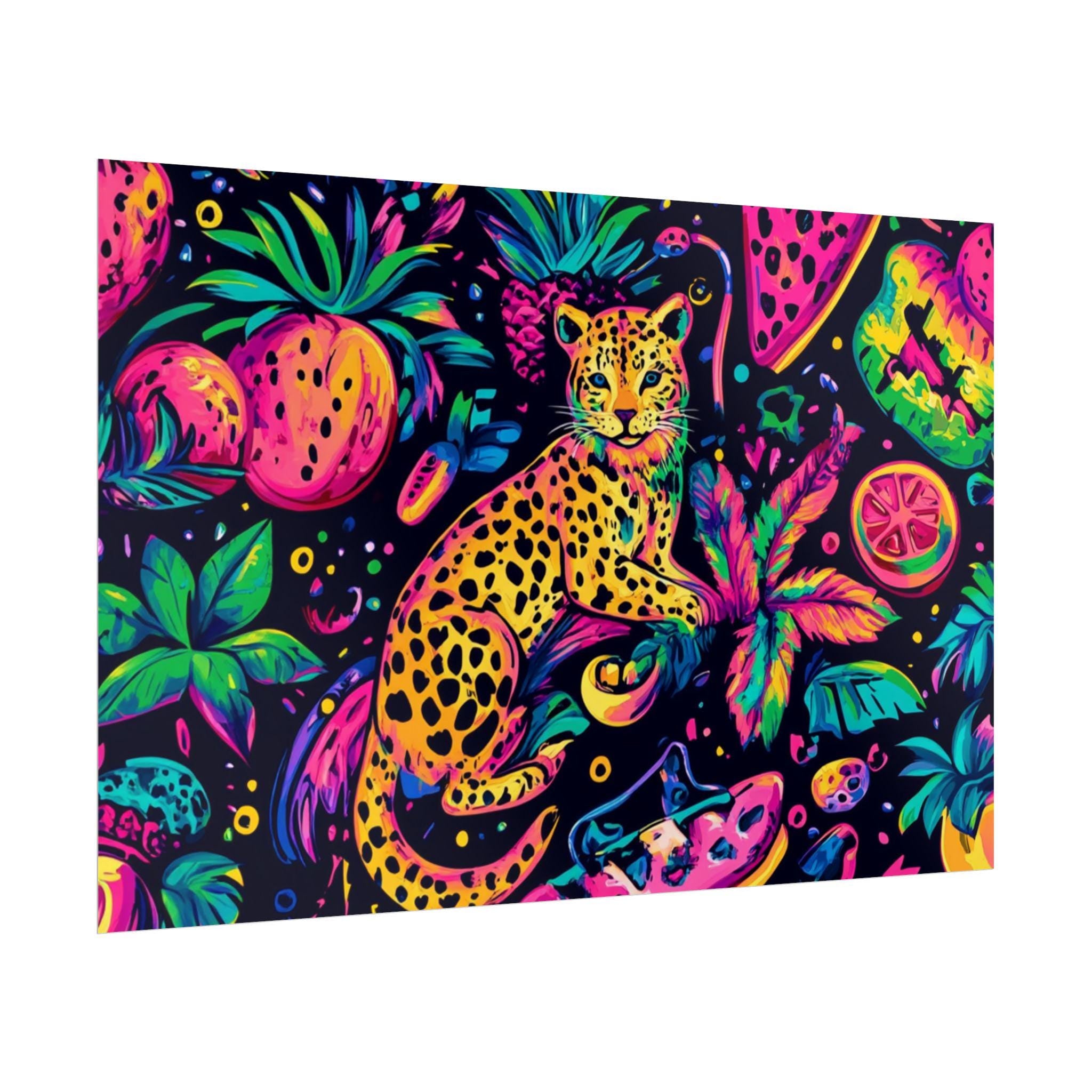 Poster Print, 90s Neon Leopard Geometric Pattern Fruit Summer Maximalist Wall Art, Rolled Posters, Home Decor, Room Decor, Dorm Decor, Gift