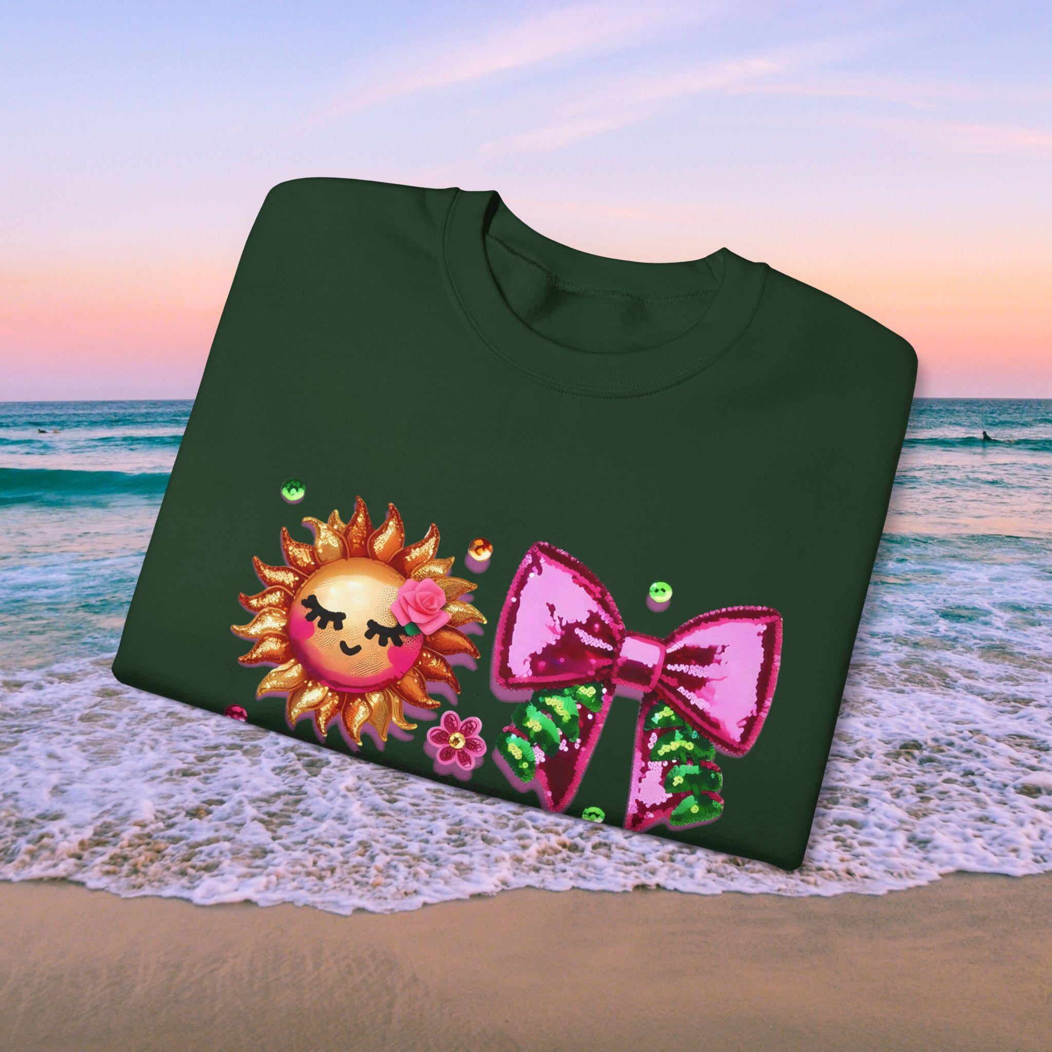 Pailletten-Wassermelonen-Sweatshirt, Rosa & Grüne Schleife, Funkelnde Sommerkunst, Hyperrealistische Pailletten, Kokette Schleifen-Design, Sommer-Sublimation