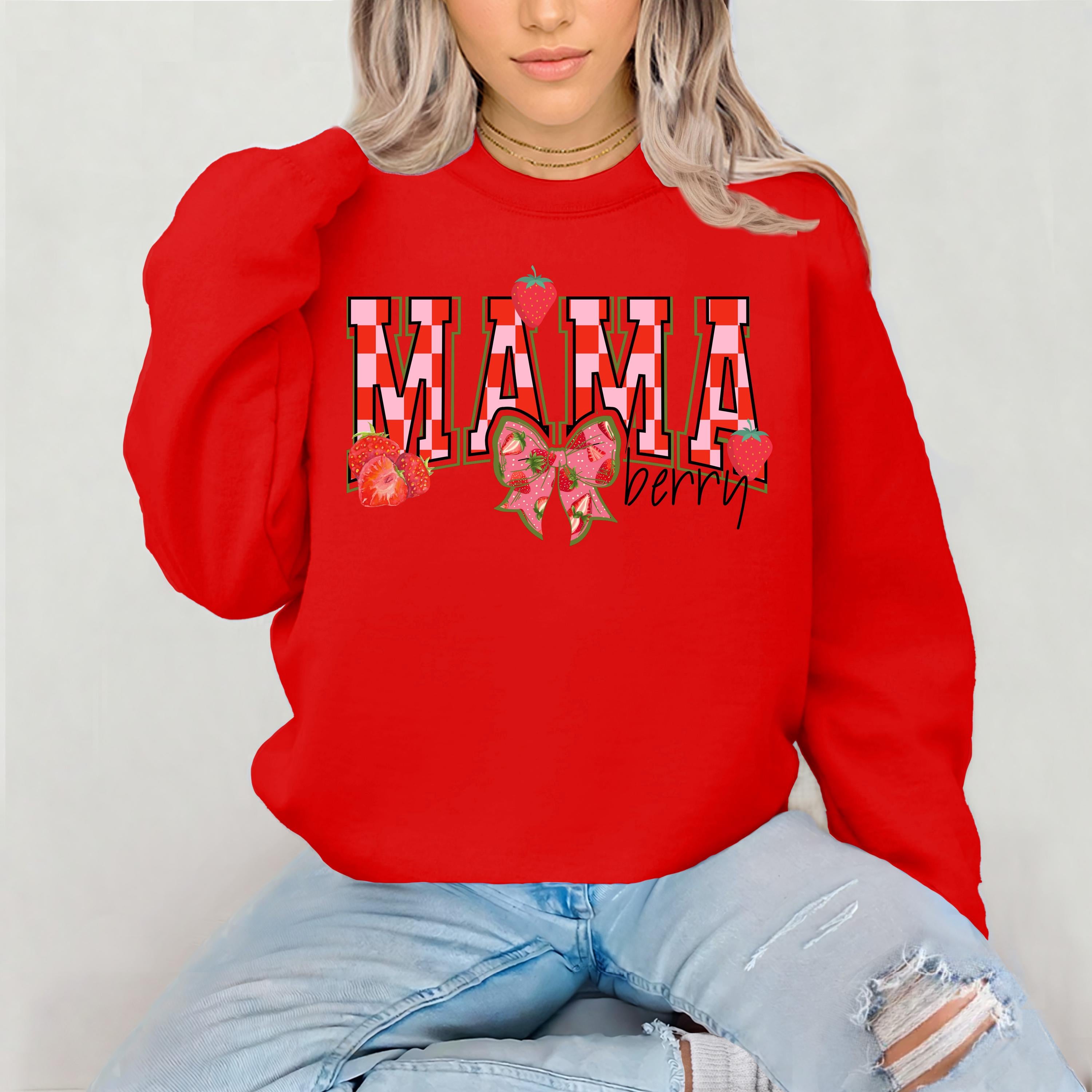 Mama Berry Sweatshirt, Mama Collage Font, Pink Checkered Print, Strawberry, Unisex Crewneck, Gift for Mom, Mother's Day Sweatshirt, Mom Life