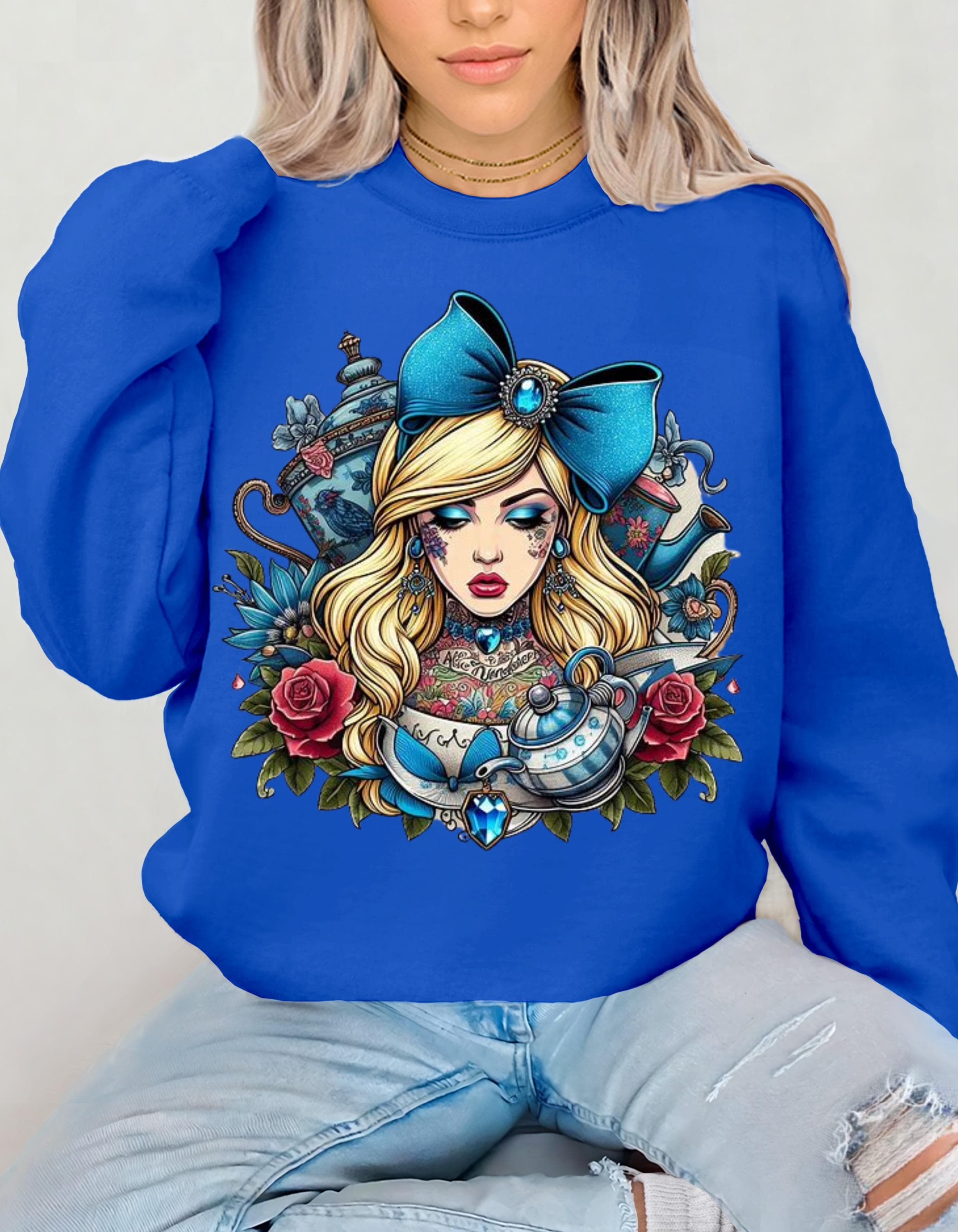 Alice-inspiriertes Chinoiserie Sweatshirt, Wunderlicher Pullover, Süßes Geschenk für Sie, Vintage Style Crewneck, Fantasy Fashion Top, Gemütliche Casual Wear