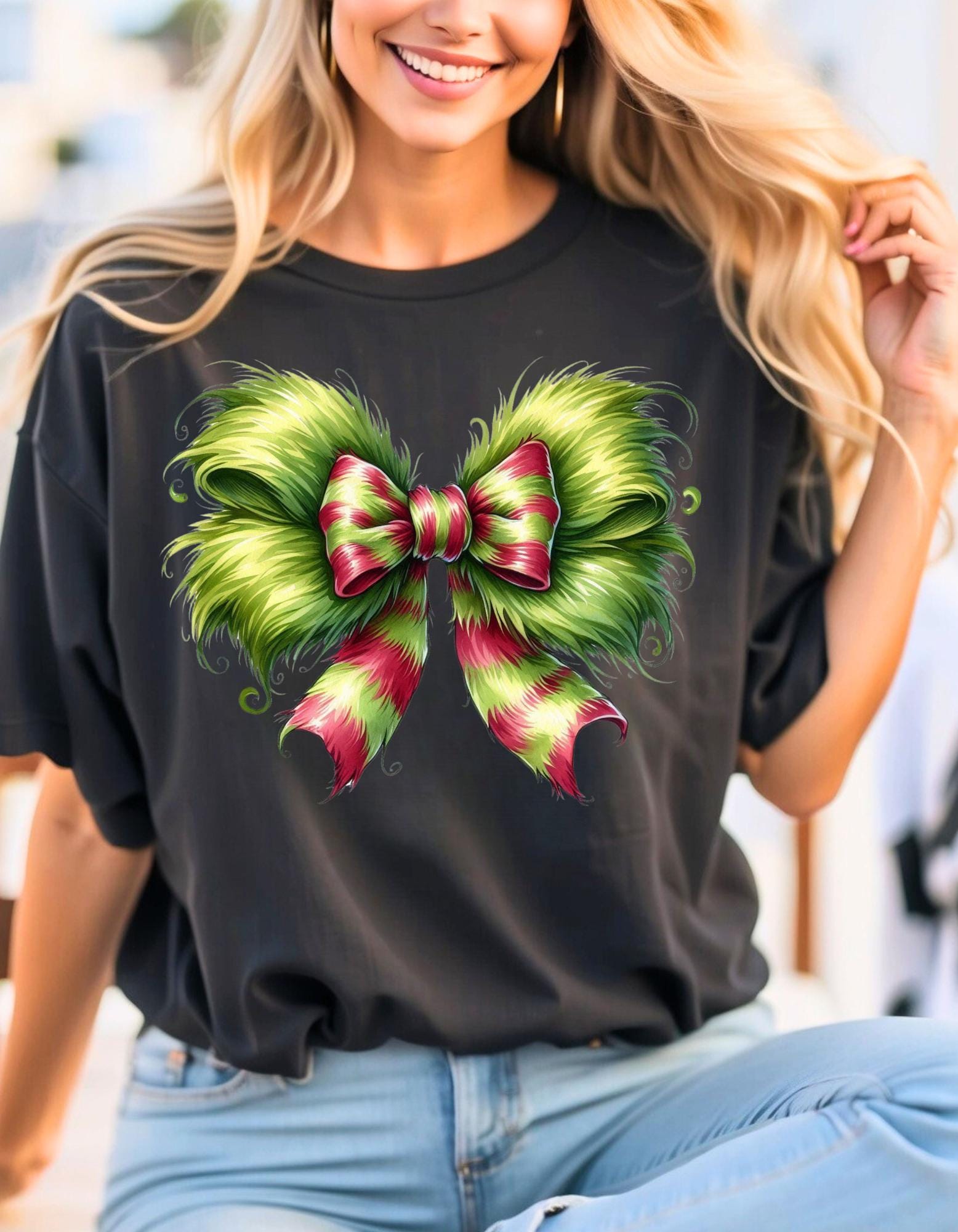 Personalizable Green Monster Grinch Christmas Bow T-Shirt - Fun and Festive Holiday Apparel