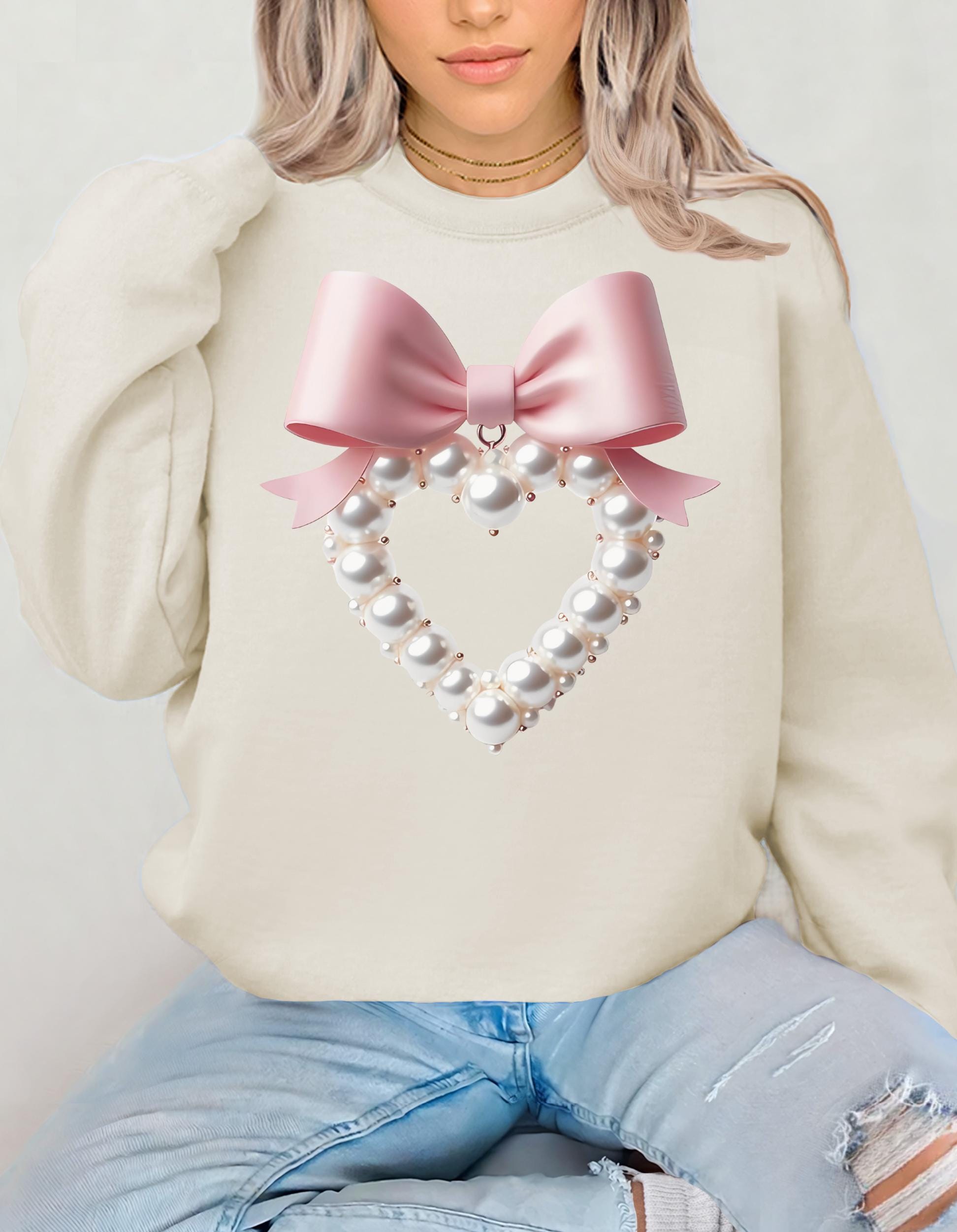 Coquette Pearl Heart Crewneck Sweatshirt, Süßer Schleifenpullover, Weißer Ästhetischer Pullover, Trendy Perlen Design Pullover, Personalisierter Pullover